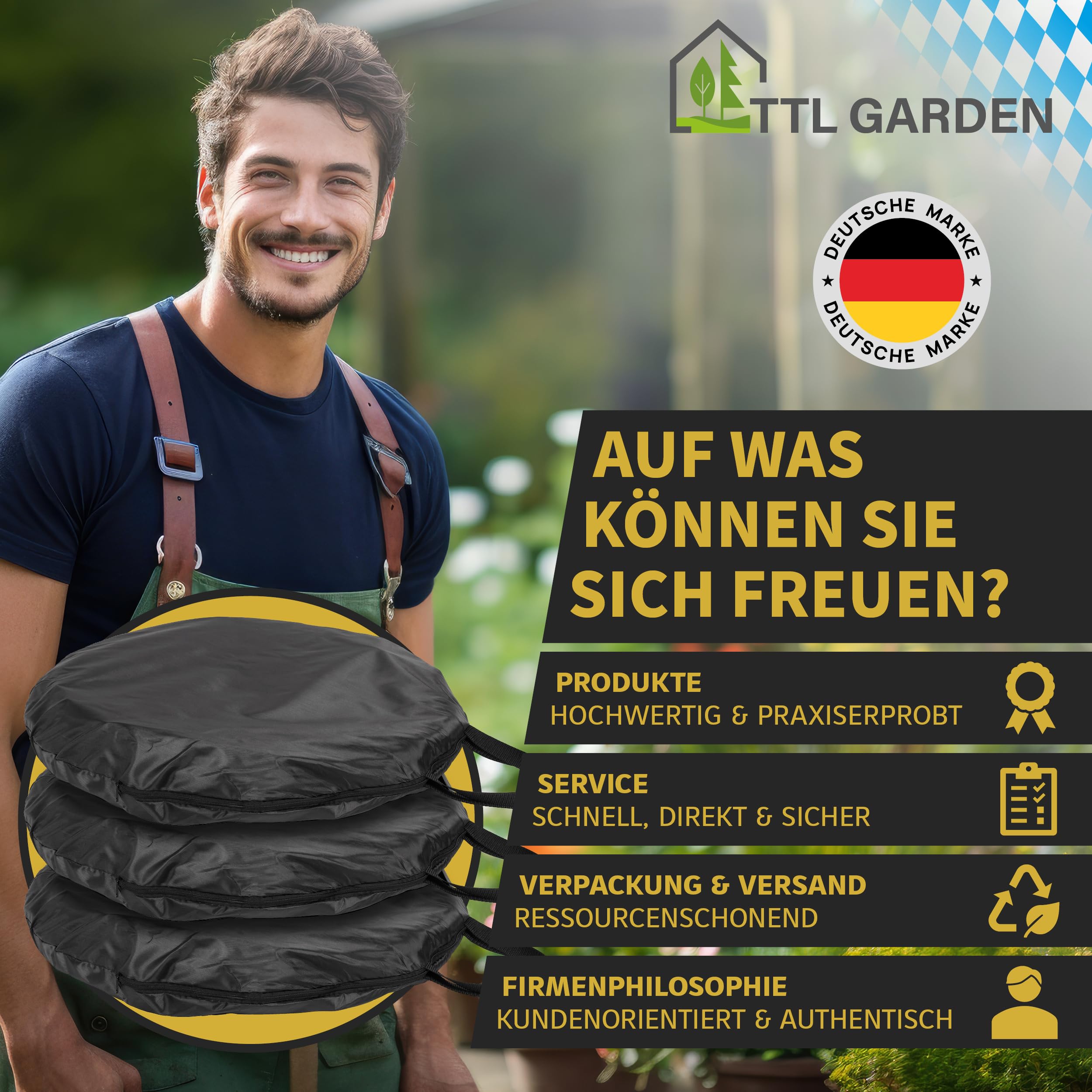 TTL GARDEN BLACK SUPERIOR 3x 85L Pop Up Gartensack - DOPPELTER BODEN 260gsm extra stabil 600D Oxford 3er Set 85 Liter Gartenabfallsack Laubsack faltbar Grünschnitt Garten Abfall selbstaufstellend
