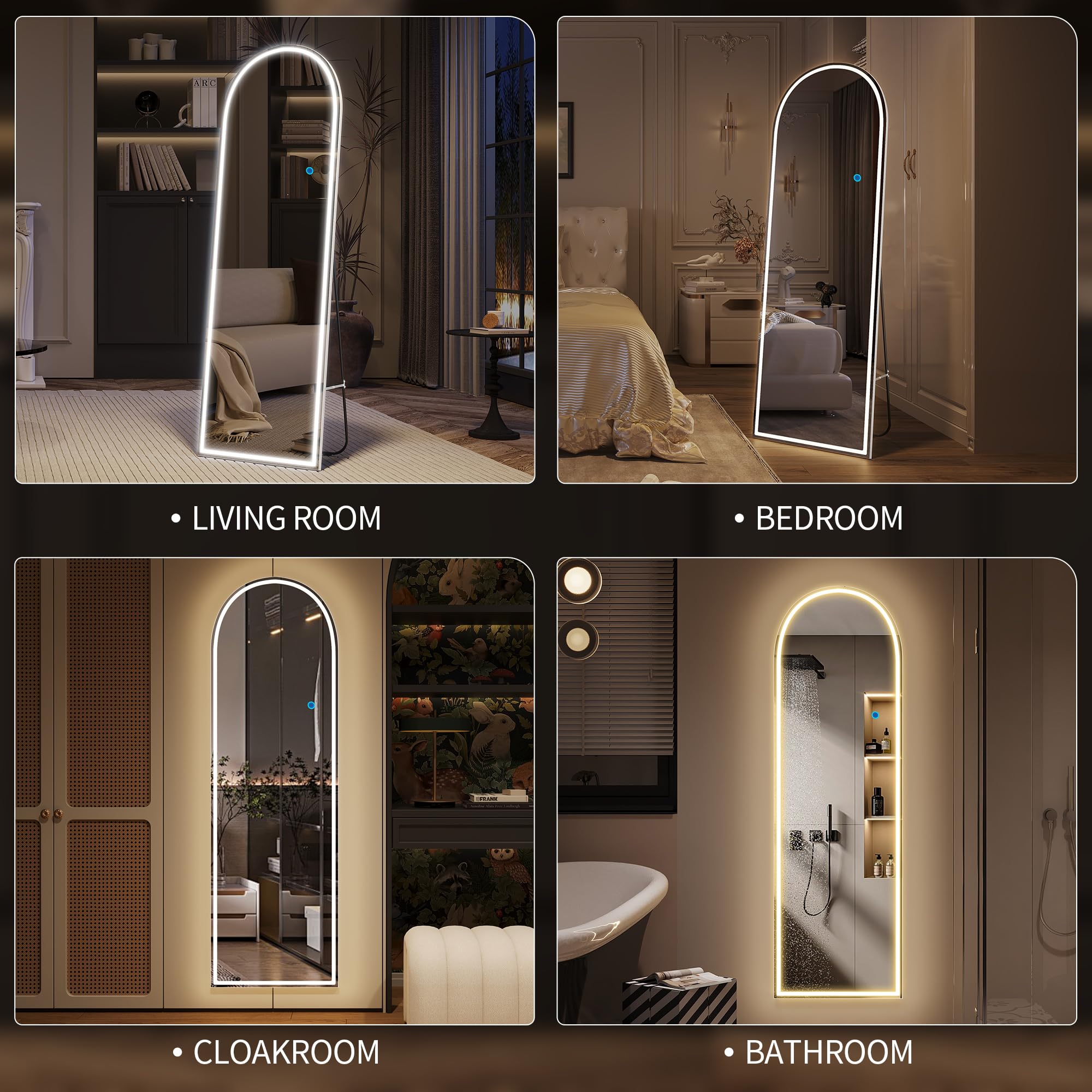 LVSOMT Bogen Ganzkörperspiegel mit Beleuchtung, 153x50cm LED Gewölbter Standspiegel, Moderne Wandspiegel Groß, Stehspiegel ohne Rahmen Beleuchtet, Aufstellspiegel für Schlafzimmer Wohnzimmer, Weiß