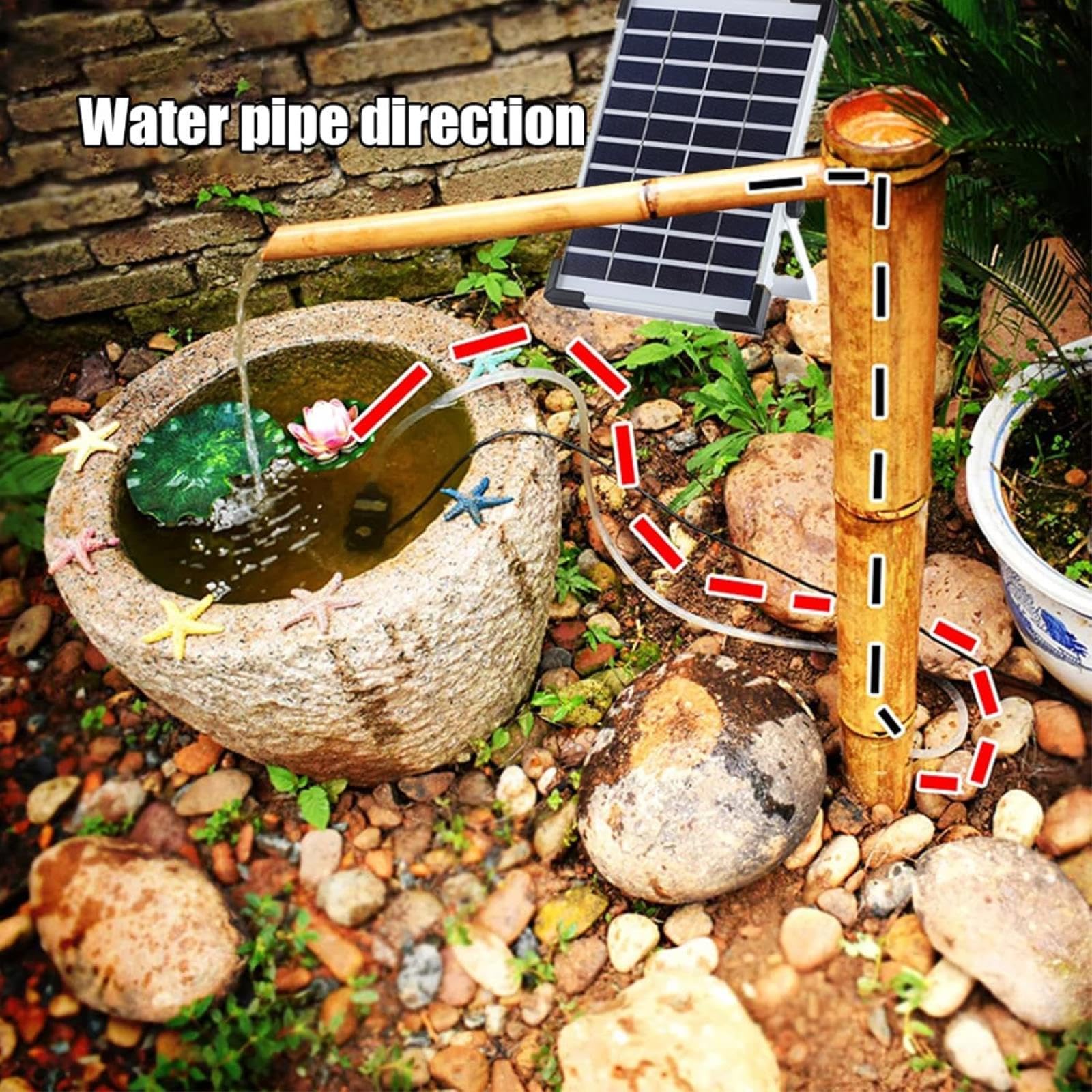 Kit Fontana in bambù, Fontana d'Acqua Solare in bambù, Fontana Zen per Giardino con Pompa, Zen Feng Shui Decorazione, per Vasca Uccelli, Giardino e Prato