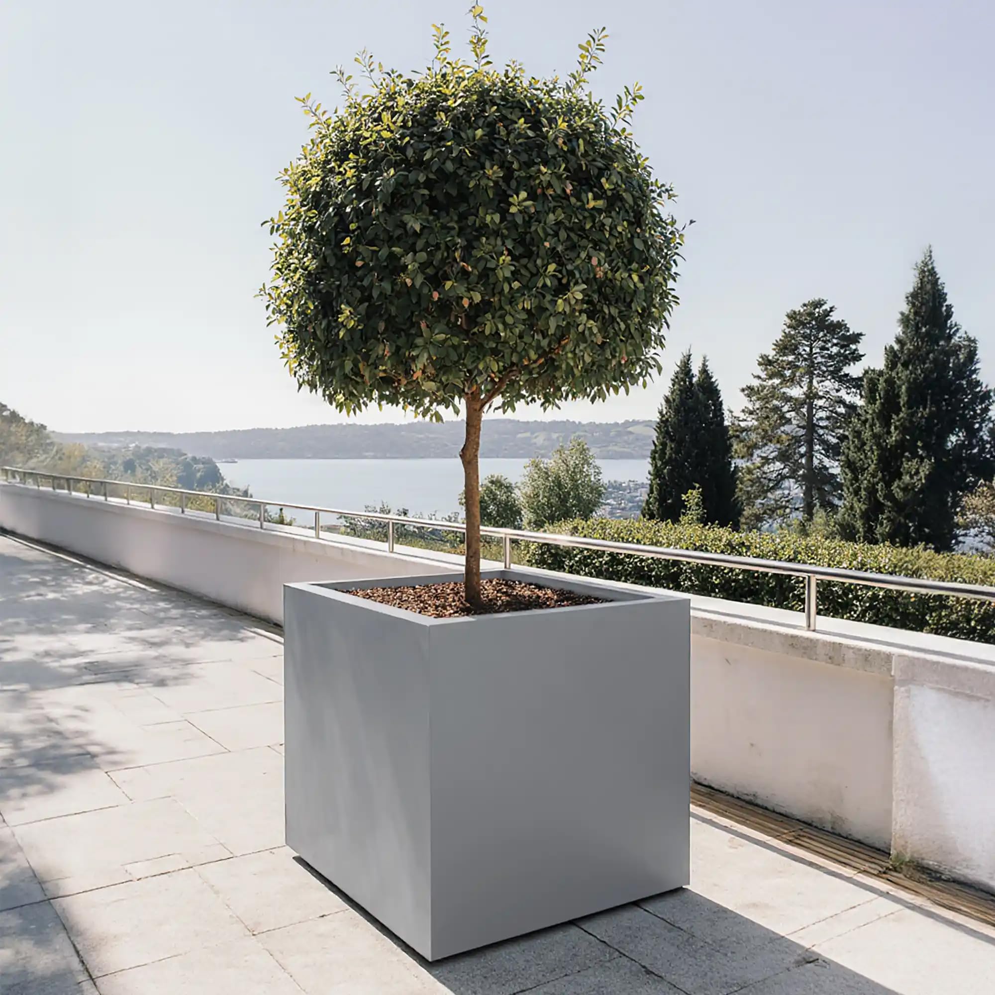 IDEALIST 60cm Large Square Planter for Trees | Grey Reinforced Stone Flower Pot with Drainage Holes H60 L60 W60 cm, 195 litres