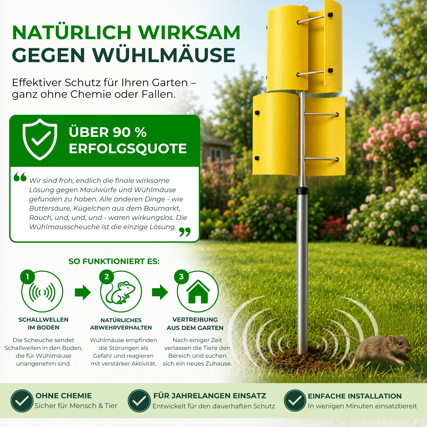 Beckmann Wühlmausscheuche 156 cm – Windrad gegen Maulwurf & Wühlmaus vertreiben – Stabiler Maulwurfschreck & Vertreiber ohne Chemie – Winterfest, Made in Germany