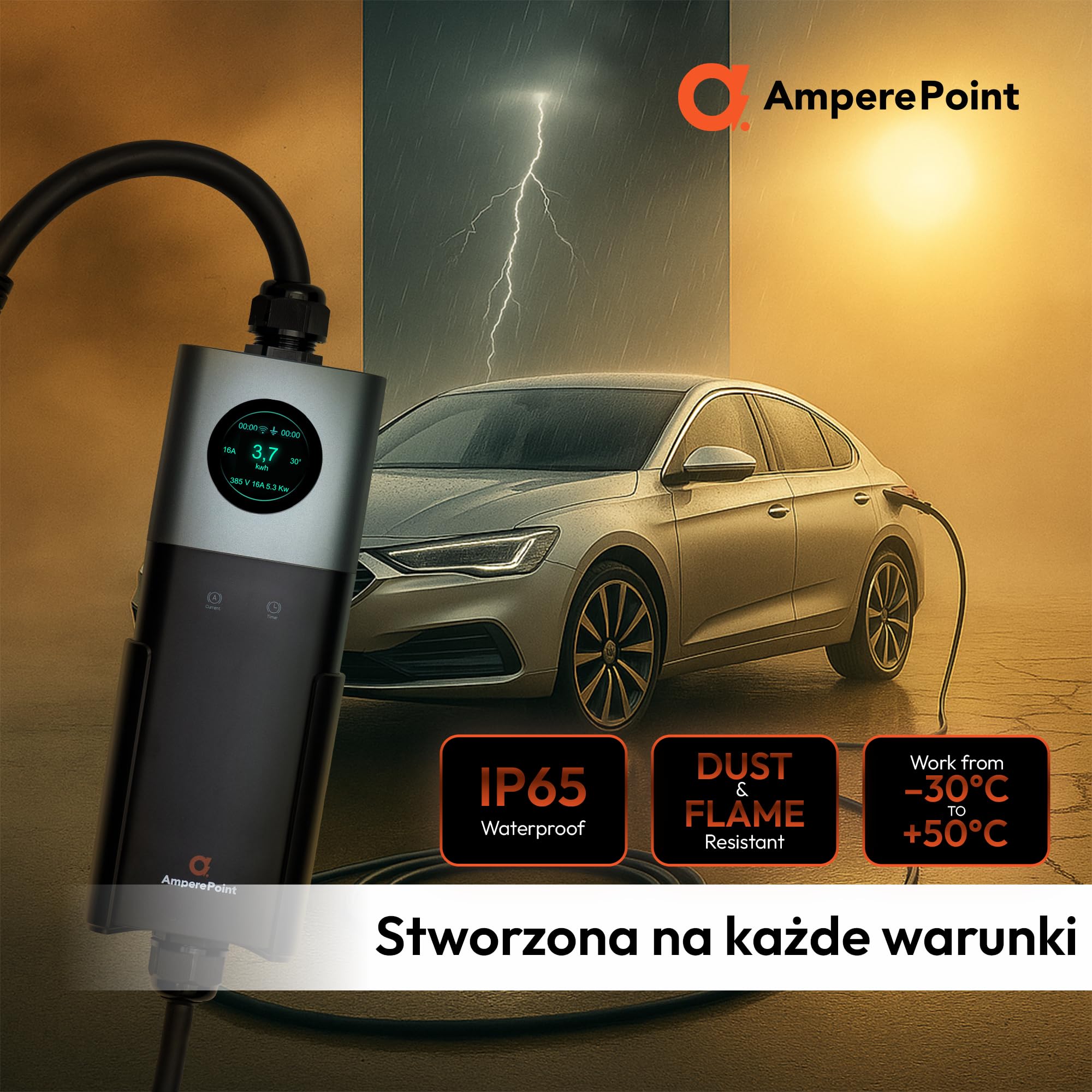 Przenośna ładowarka EV 3,7 kW 16 A typ 2 kabel 7,5 m Schuko 230 V Wi-Fi LCD