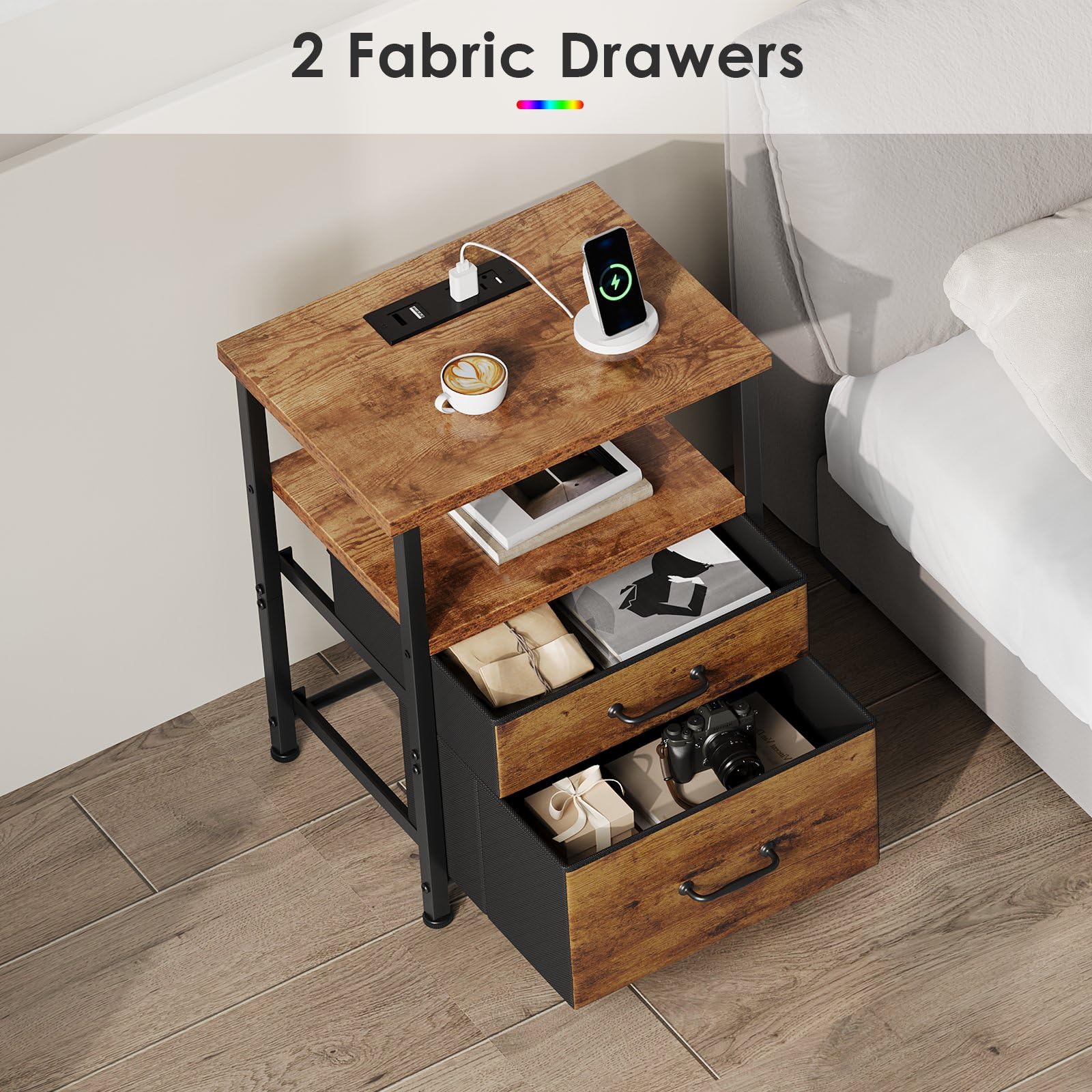 YeTom 2-Pack Nightstands With USB Charging & LED Lights - 3 Fabric Drawers, Steel Frame, Bedside Table With Shelf, Black