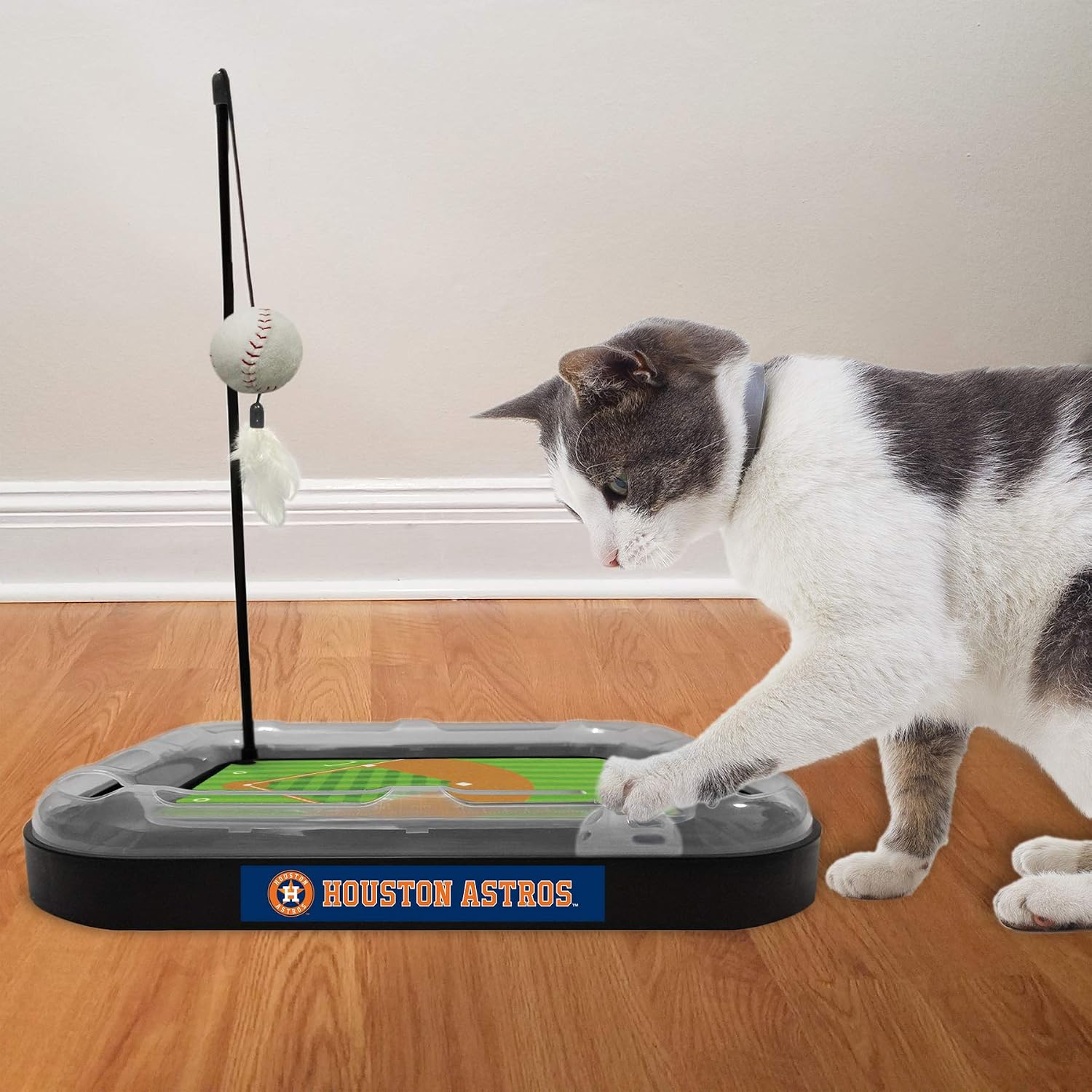 Cat Scratching Toy MLB Houston Astros Baseball Field Cat Scratcher Toy with Interactive Cat Ball Bell in Tracks. 5-in-1 CAT Toy: Cat Wand Poll with Catnip Filled Plush Baseball & Feathers.