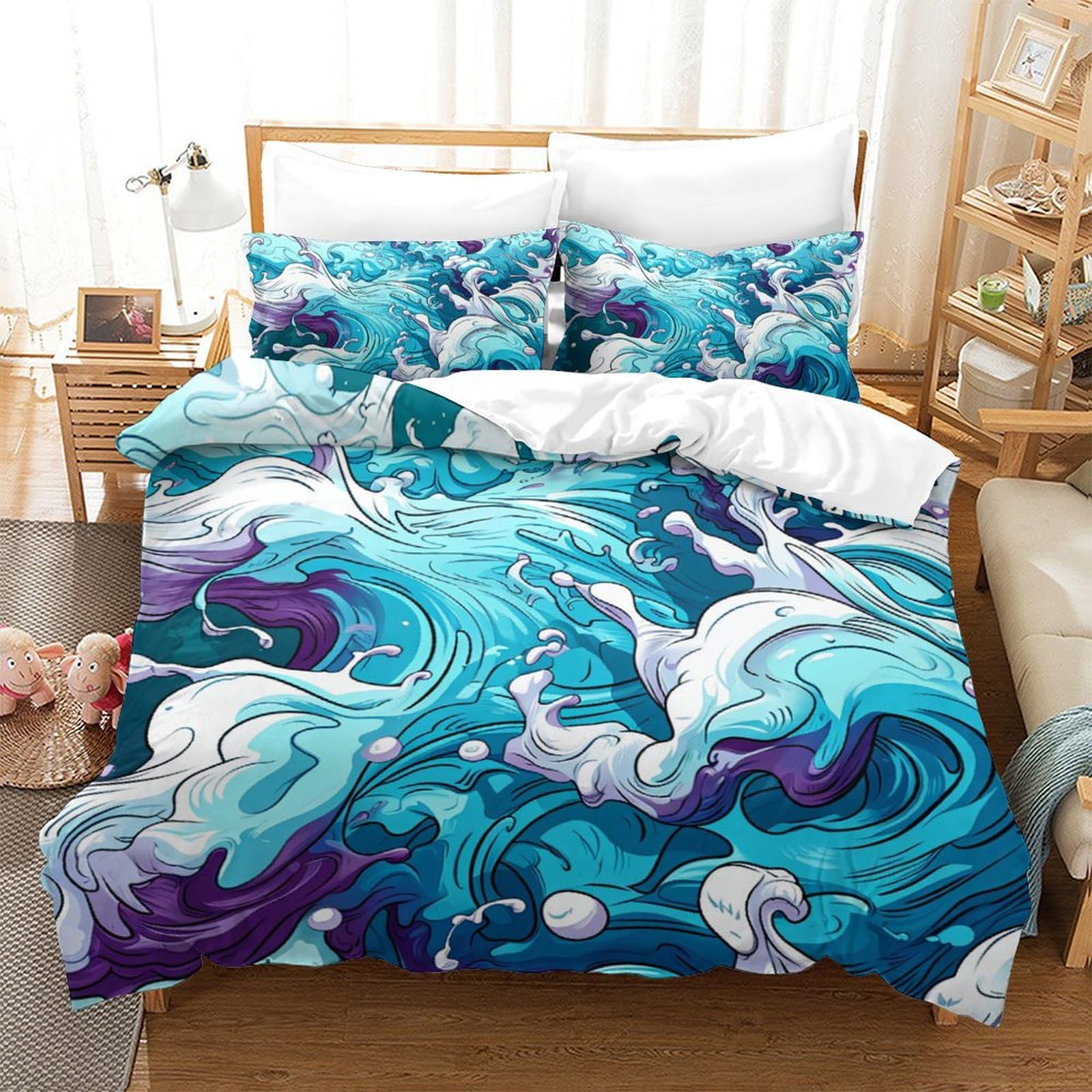 Housse de couette vagues de la mer zippée anti-glissement parure de lit microfibre facile à laver