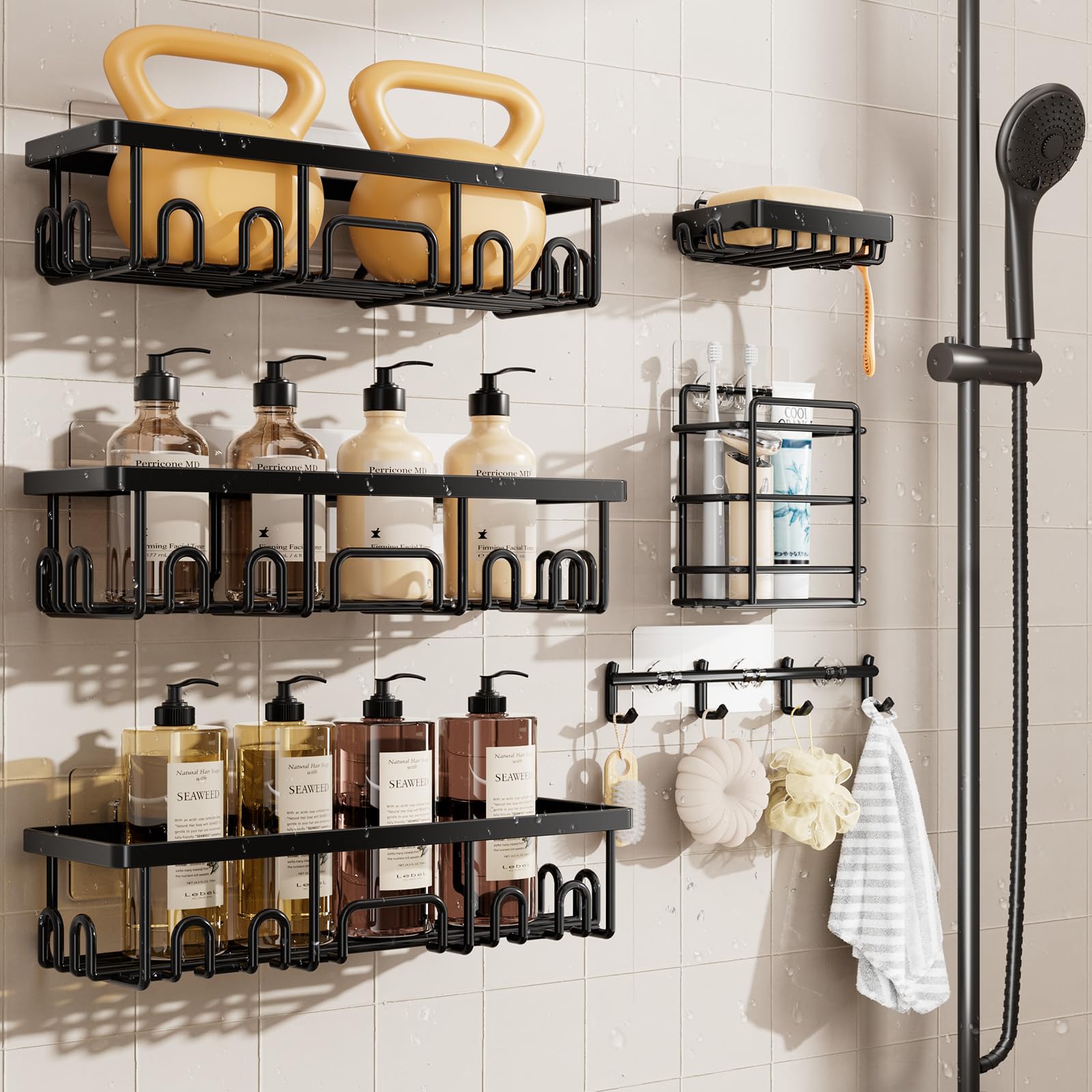 Photo 1 of Veken Shower Caddy 6-Pack, Advanced Rustproof Design, No Drilling Adhesive Shelves, Rack with Soap Holder, Large Capacity Bathroom Organizers and Storage, Wall-Mounted Kitchen & Home Decor, Black