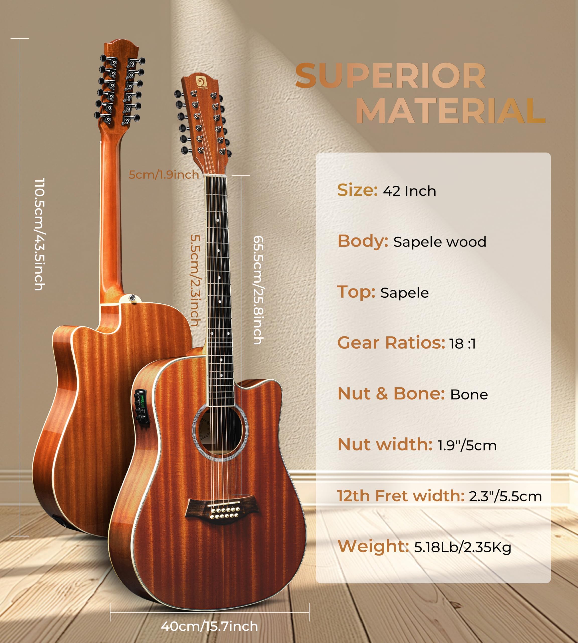Vangoa gitara elektroakustyczna 12 strun dla początkujących, średniozaawansowanych, dorosłych, nastolatków, 41 cali, korpus z Sapele, zestaw startowy z ulepszonymi elementami, dla praworęcznych