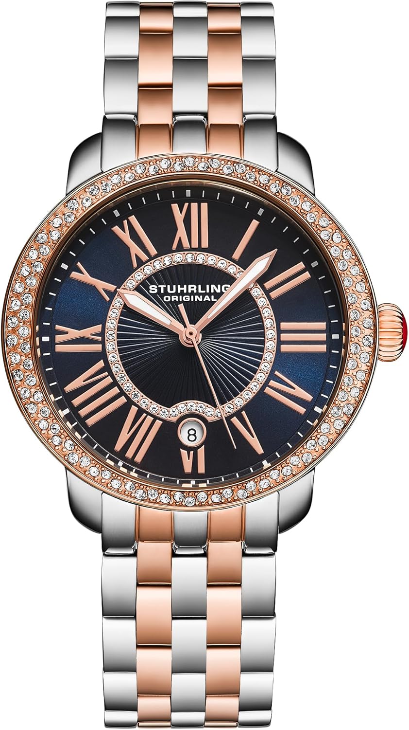 Stuhrling Original Celestia 4080 Women’s 38mm Quartz Watch – Crystal Bezel, Sunray Dial, Roman Numerals, Date Display, Stainless Steel Bracelet, Butterfly Clasp