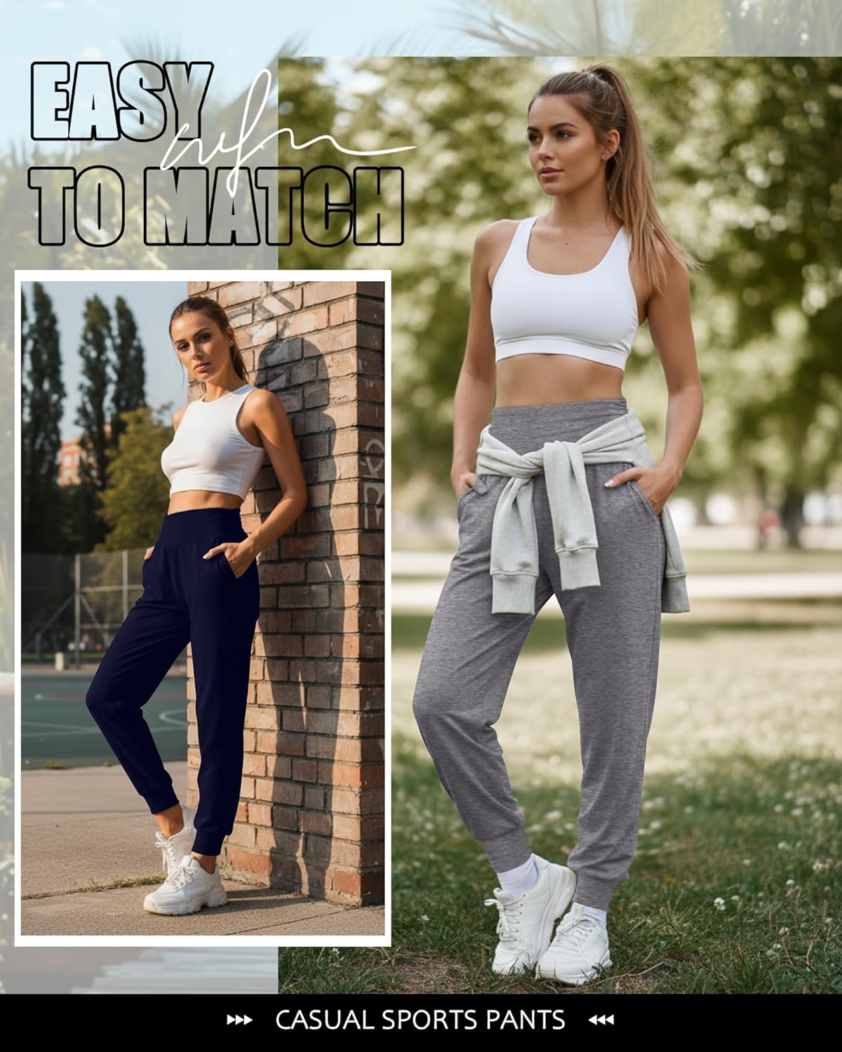 2 Pack Women's Yoga Joggers, Cozy Sweatpants with Pockets Casual Loose Comfy High Waisted Lounge Pants - Image 7