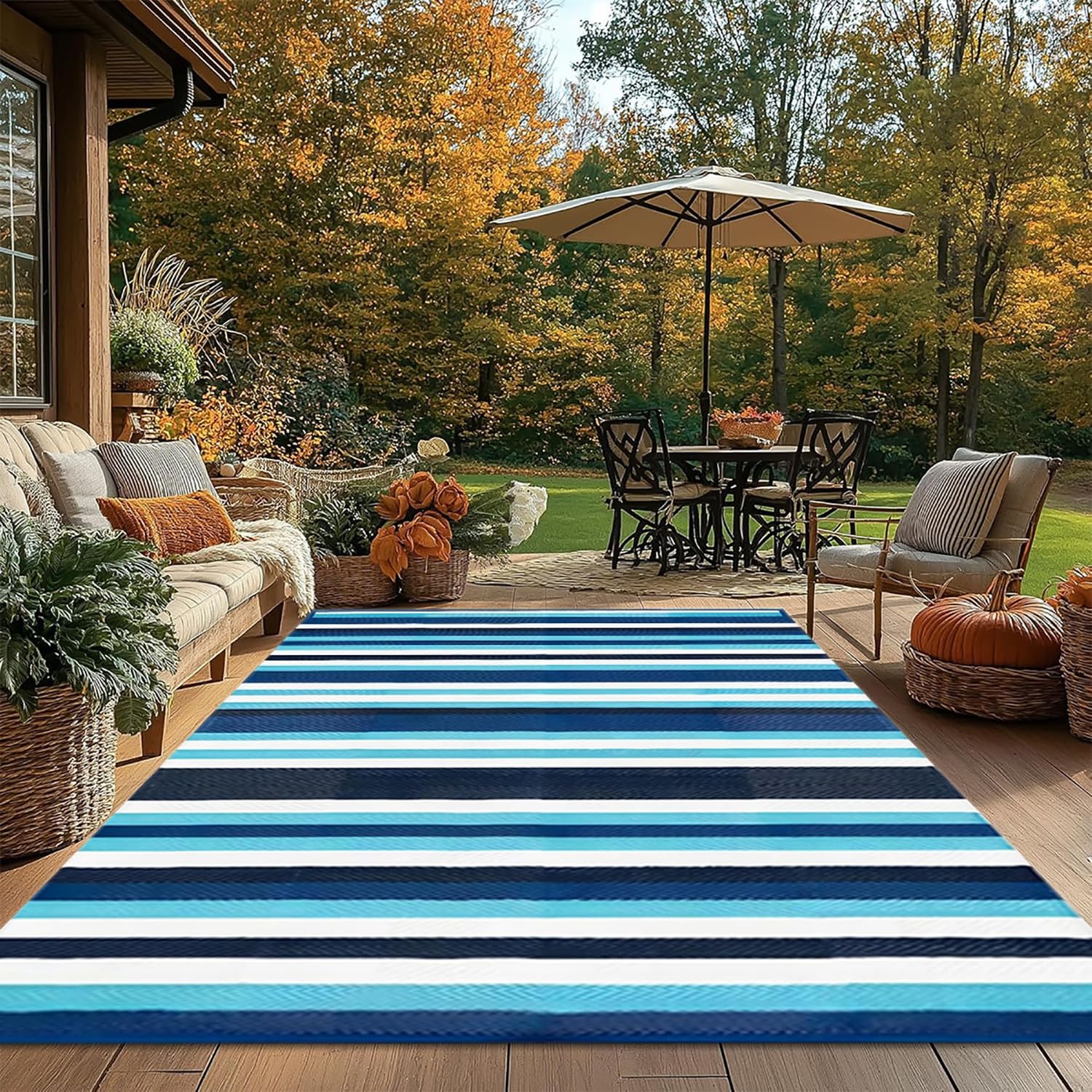 Tapis Imperméable Rayé Bleu,120x180 Petits Tapis Rectangulaire,Tapis de Jardin en Plastique Pliable,Tapis de Sol de Camping Réversible,Tapis Extérieur pour Terrasse,Balcon,Pique-Nique,Plage