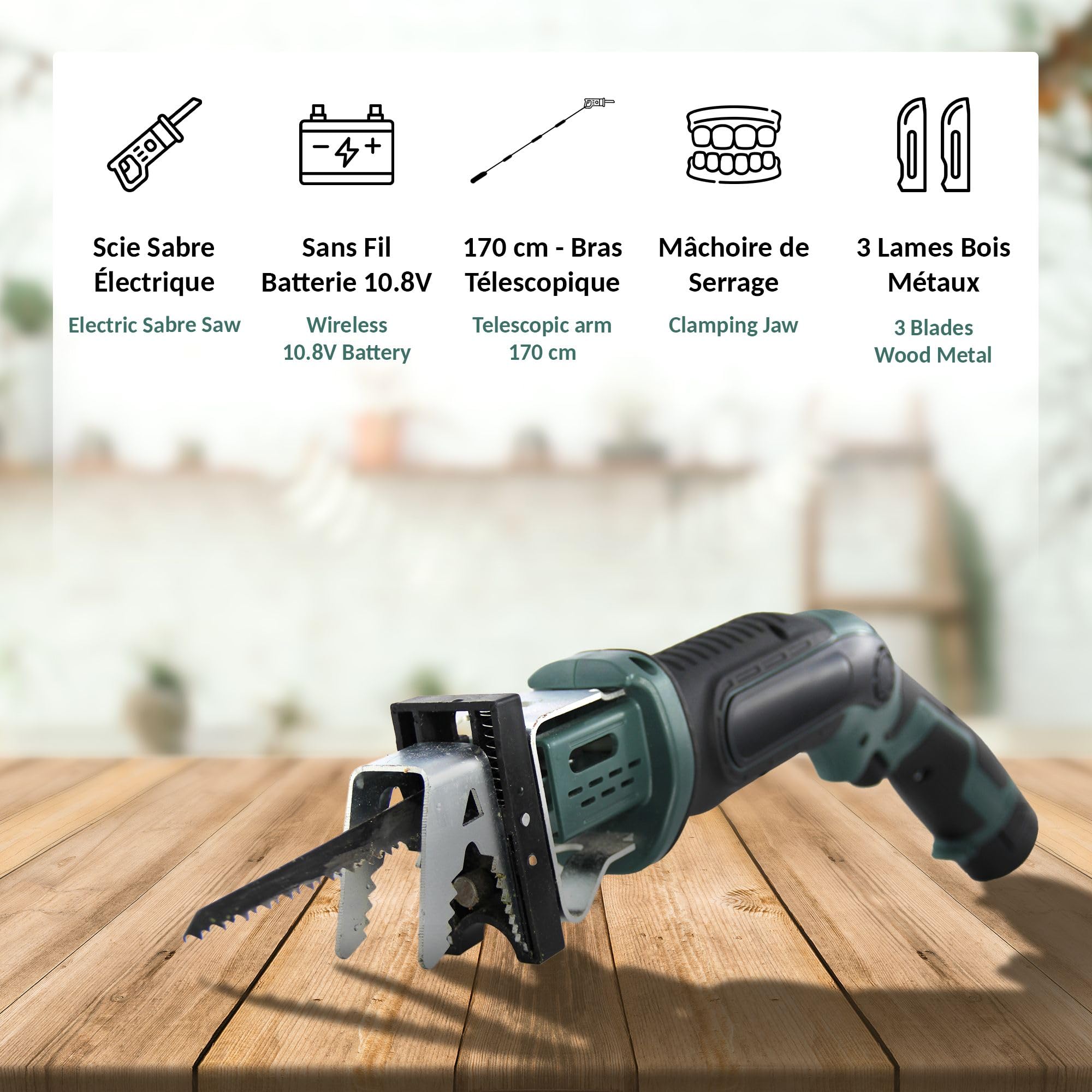 Sierra de sable inalámbrica – telescópica 170 cm – batería litio – 10.8 V