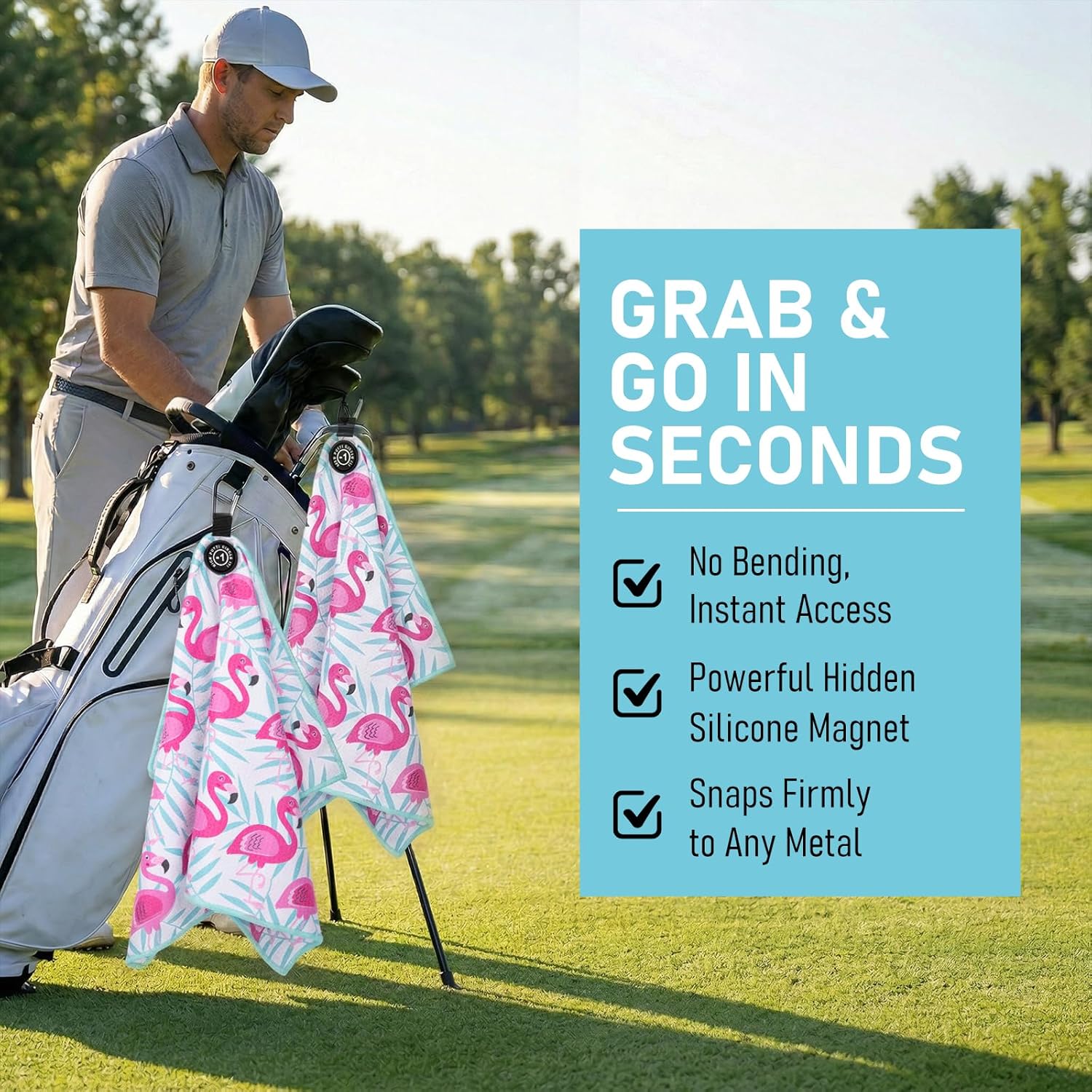 Magnetic Golf Towel 16x24 Ultra Absorbent Waffle Microfiber, Strong Magnet for Cart Clubs, Spot-Clean Design Golf Accessories Gifts for Men(Pink-Flamingo)