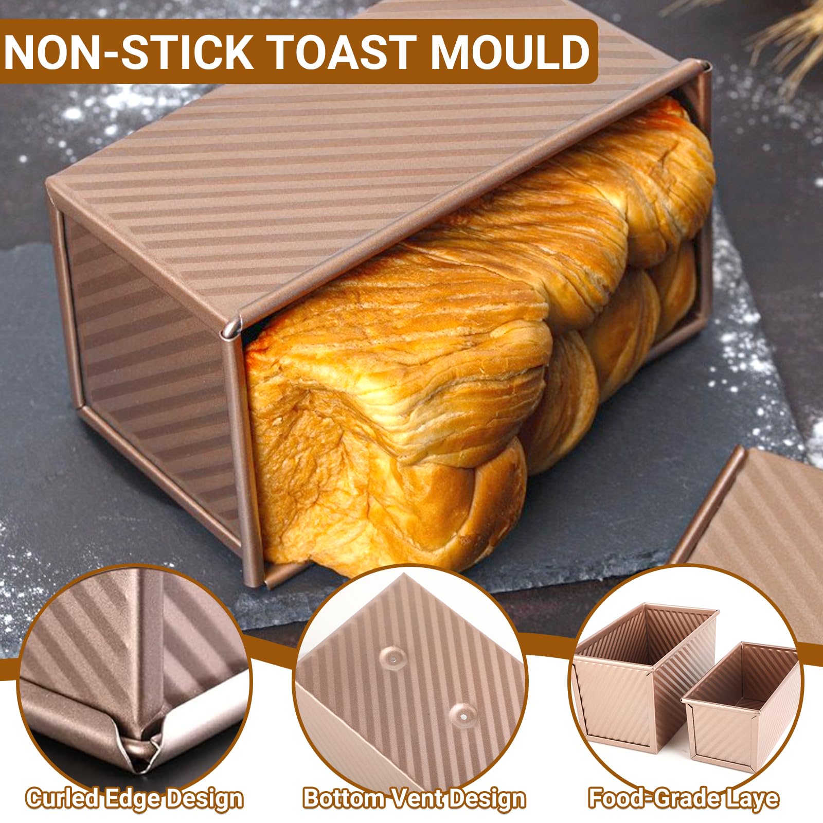 Juego de 2 Moldes para Pan con Tapa – Molde Antiadherente para Pan de molde, Bizcochos, Molde Rectangular Reposteria con Tapa para Uso Doméstico, incluye 1 Espátula de Silicona y 1 Brocha de Silicona