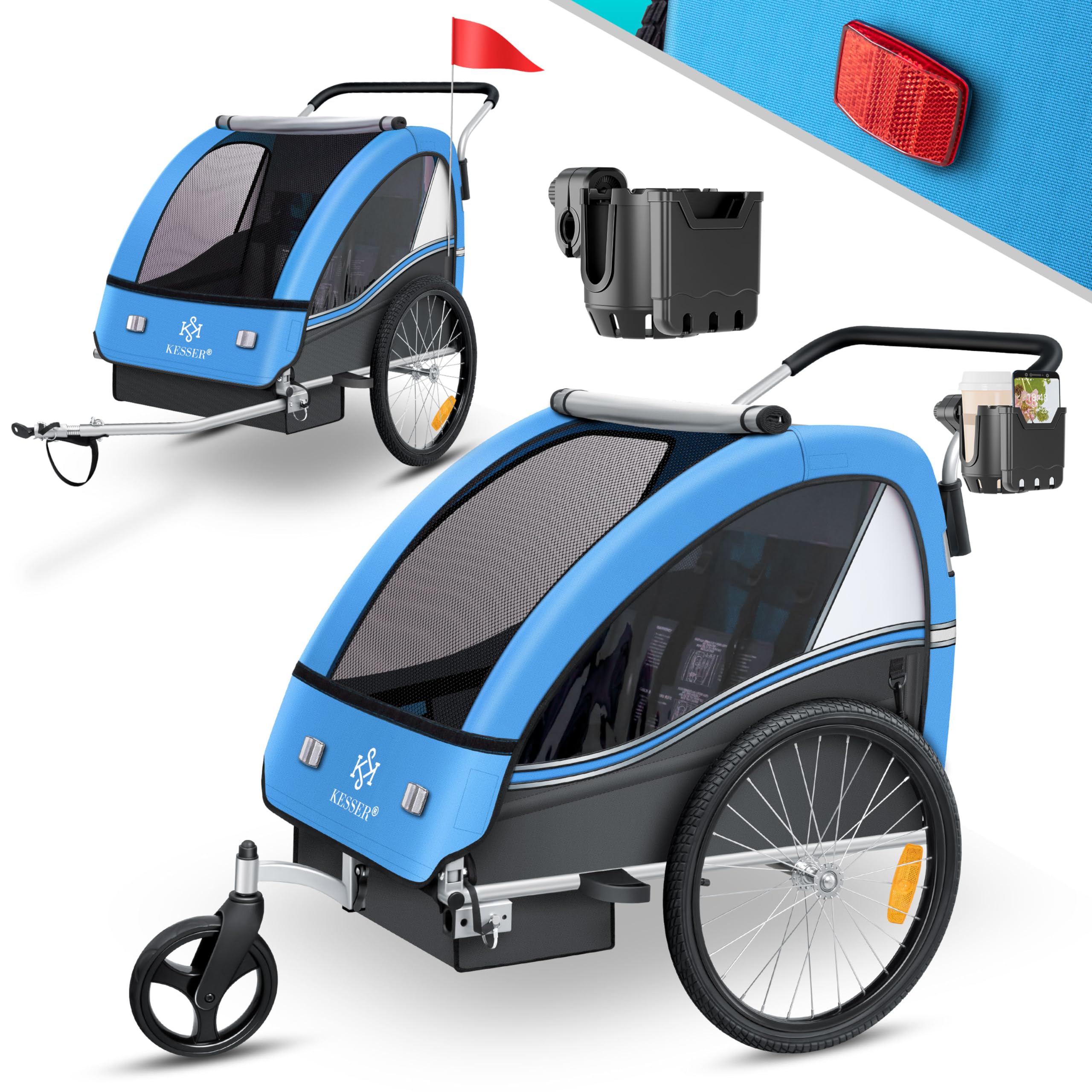KESSER® Remolque para niños, Remolque para Bicicletas Sport-RX, 2 en 1, función Jogger, Remolque para Bicicletas para niños + cinturón de Seguridad de 5 Puntos, Rueda Delantera 360°