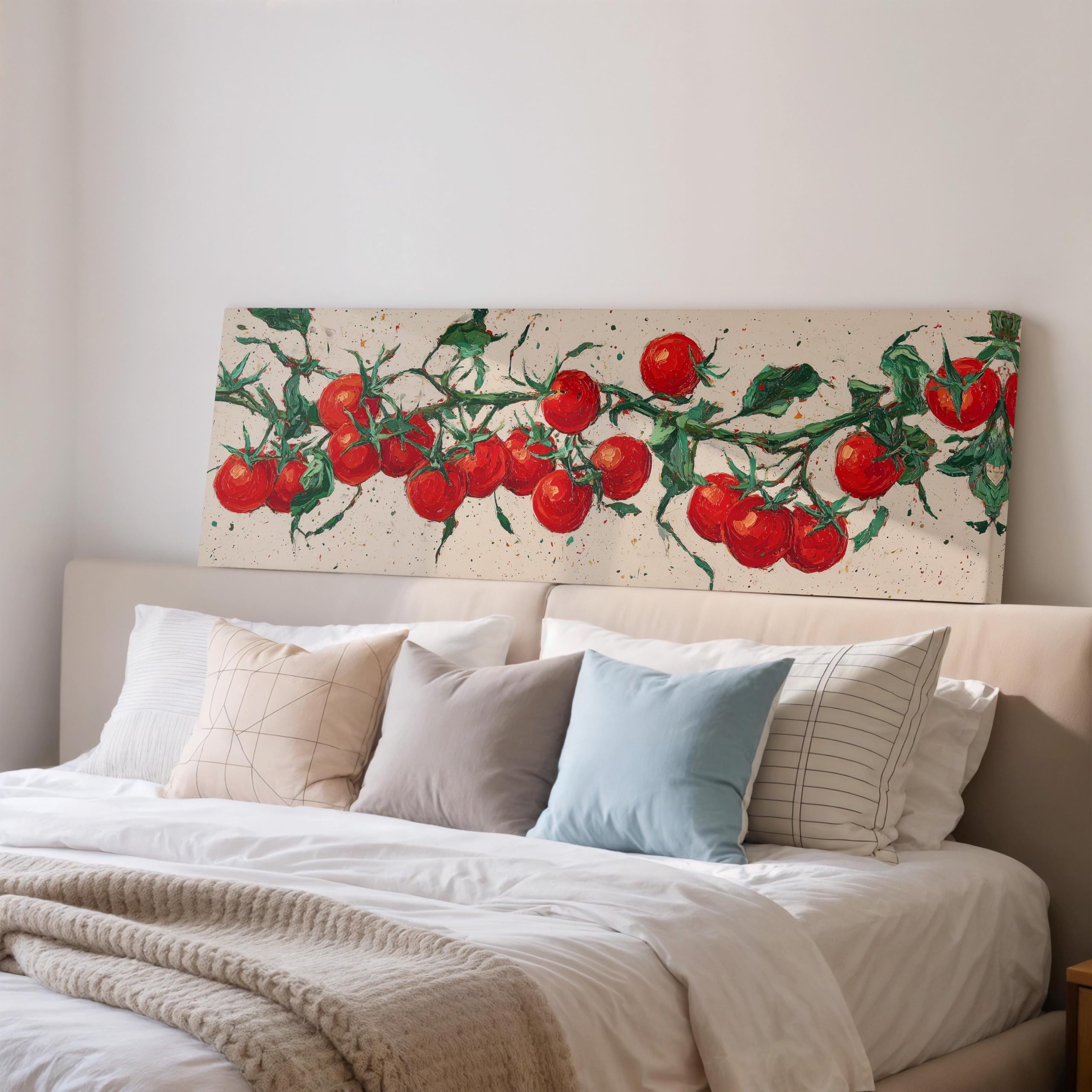 YUSUZHU Botanical Cherry Tomato Print, Wide Panoramic Canvas Art, Red Vine Kitchen Decor, Modern Farmhouse Wall Art, Culinary(70x210cm/Frameless)