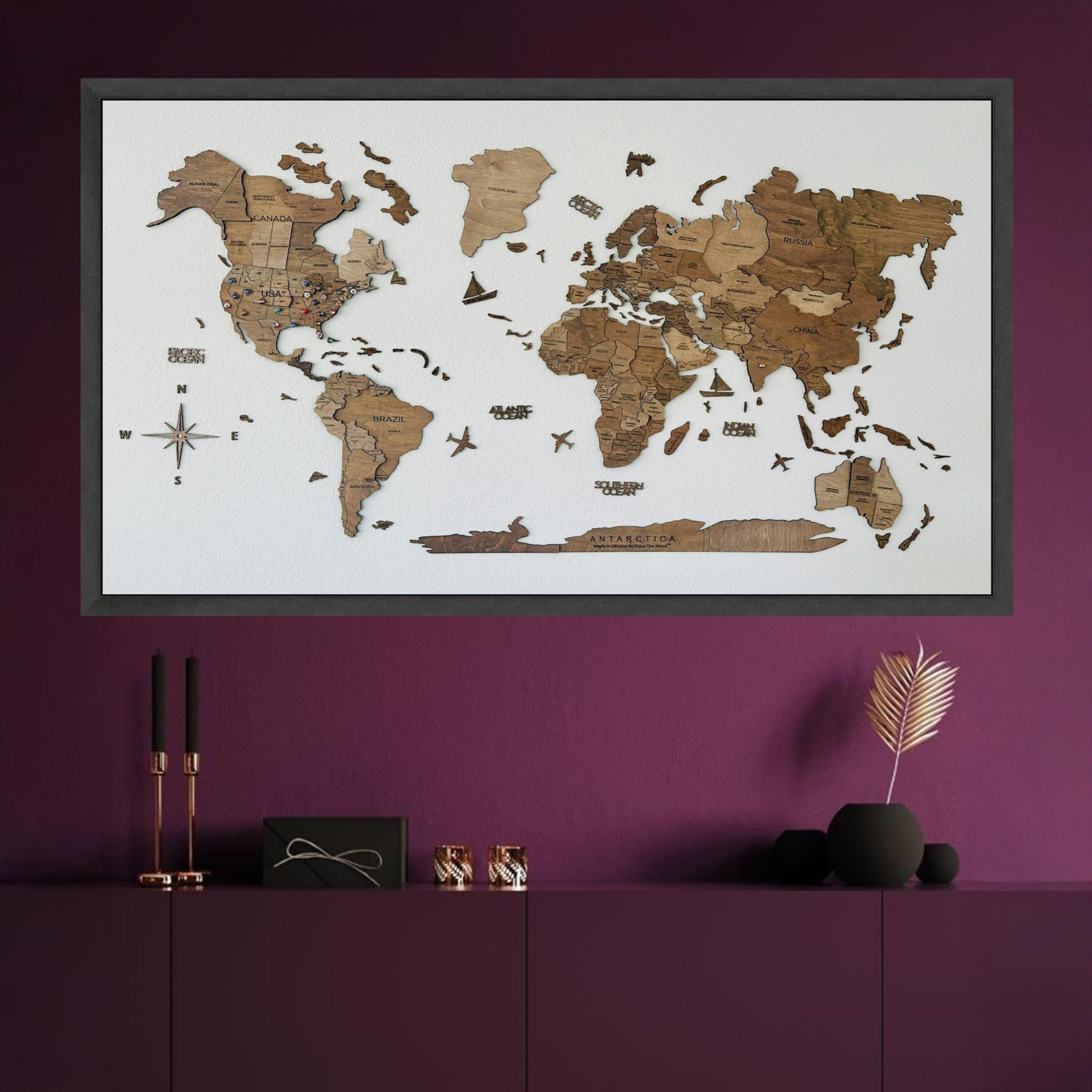 XINBAO Rustykalna drewniana mapa na płótnie, dekoracja geograficzna, dekoracja ścienna do domu, biura i z motywem podróży, plakat na płótnie (40 x 70 cm/rama wewnętrzna)