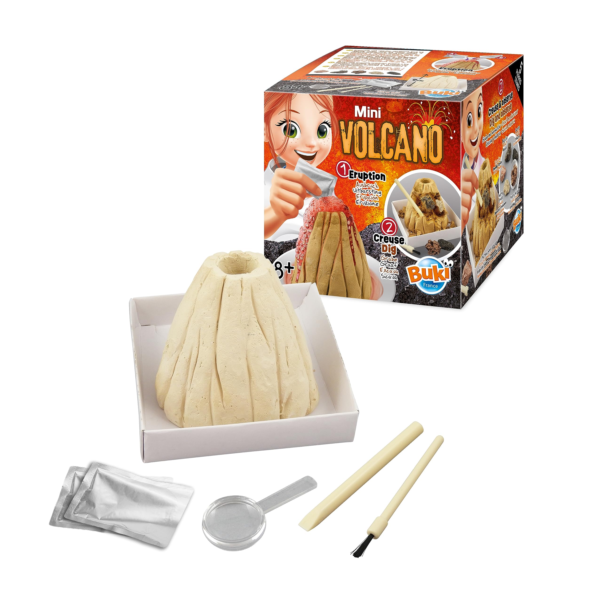 Buki France Mini Volcano + Dig Kit. 2in1. Make your own Erupting Volcano PLUS Dig up Volcanic Stones with the Dig Kit with Digging Tools. Kids STEM Toy Chemistry Set. Science Gift for Boys & Girls 8+ - Image 2