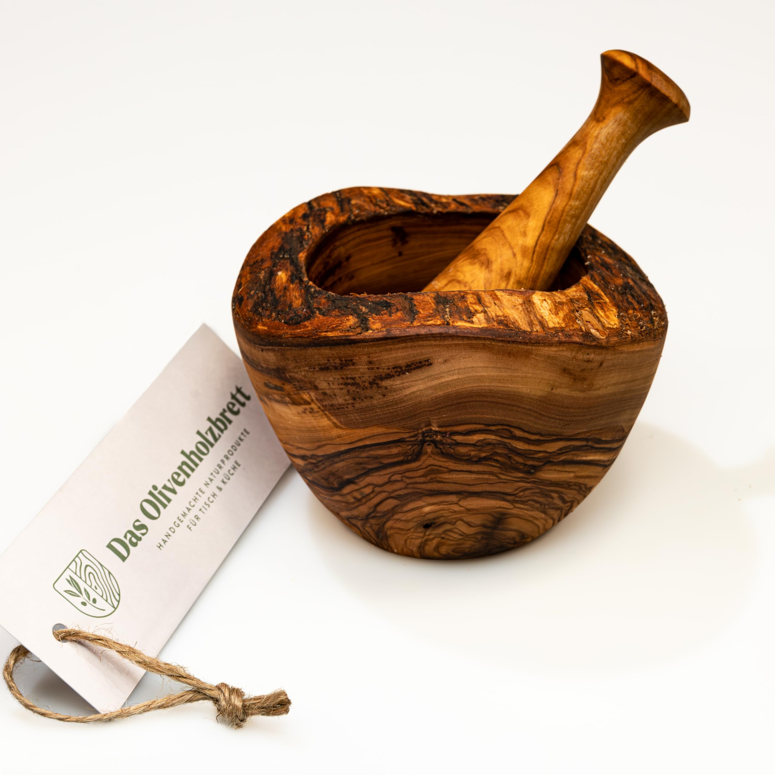 das Olivenholzbrett Mortar and Pestle in the Nature Made of Olive Wood - 18cm