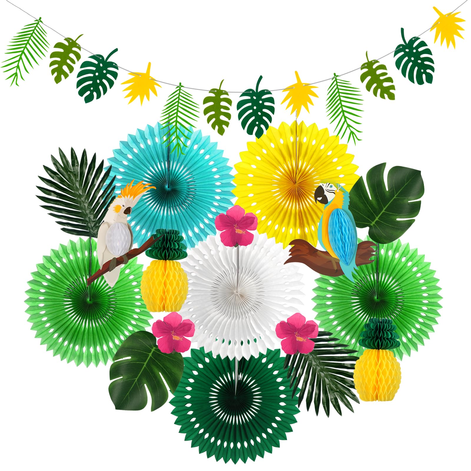Tropical Birds Toucan Parrot Honeycomb Party Decorations Hawaiian Summer Beach Luau Party Hanging Supplies (Green)
