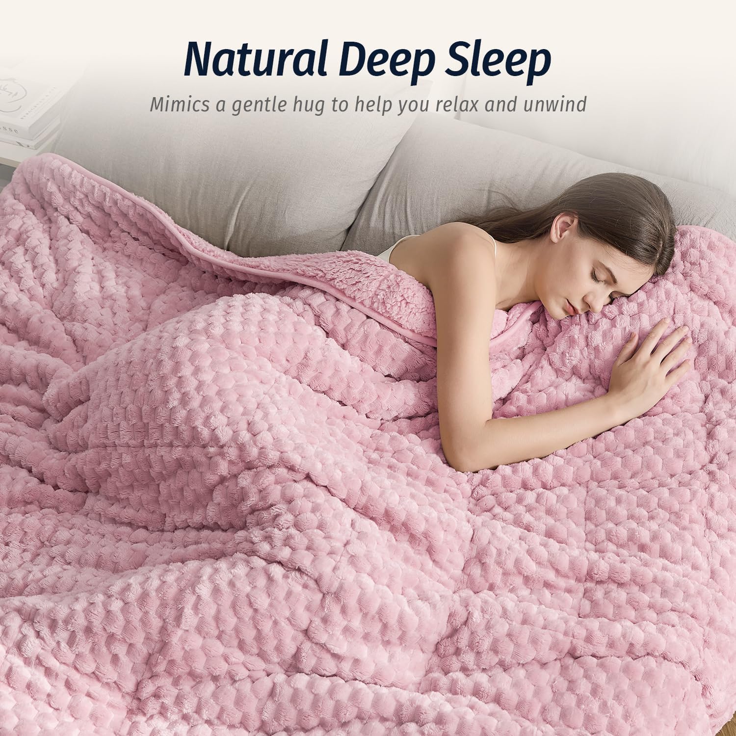 Wemore Fleece Weighted Blanket for Adults (60" x 80" 15lbs, Pink), Dual Sided Cozy Soft Sherpa Heavy Blanket, 3D Imitation Turtle Shell Warm Jacquard Flannel Weighted Blankets for Couch and Bed - Image 4