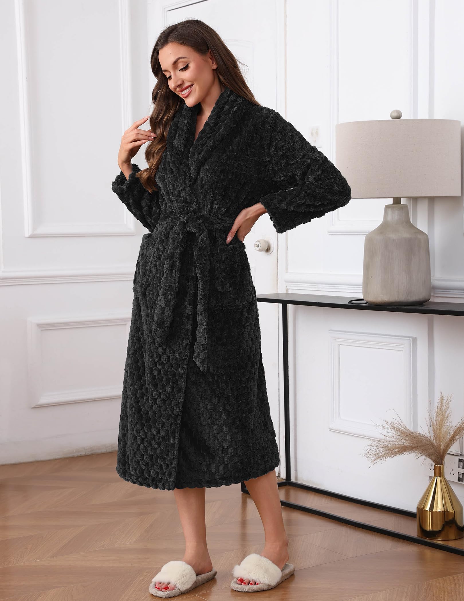 Ekouaer Damen Morgenmantel Lang Plüsh Robe | warm dick & weich Fleece für den kalten Winter, 2 Taschen & Bindeband, Schalkragen, wadenlang, kuscheliger Hausmantel