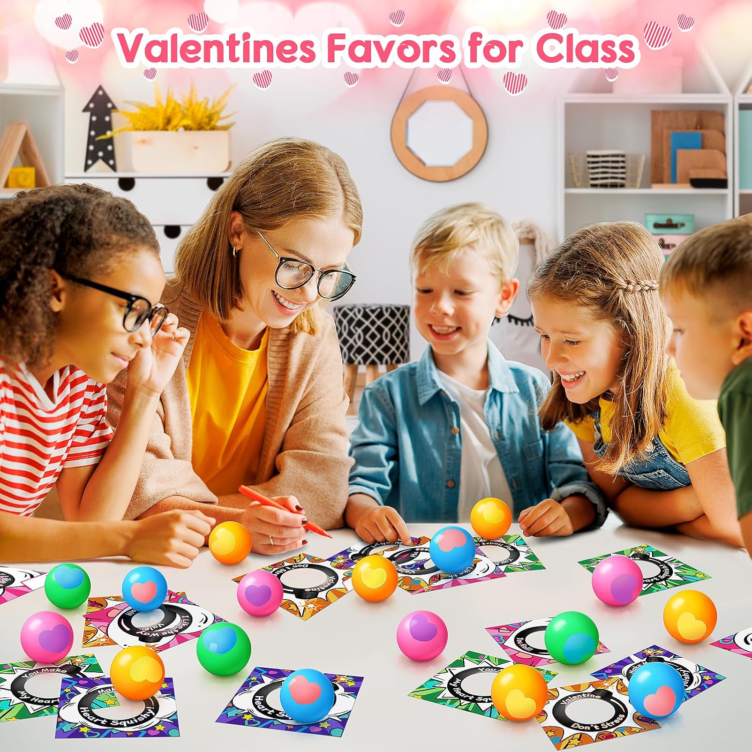GMAOPHY 24 Pack Valentines Day Cards with Squeeze Stress Balls for Kids, Sensory Fidget Toys for Valentine Gift Exchange,School Classroom Prizes for Boys Girls, Valentine's Party Favor