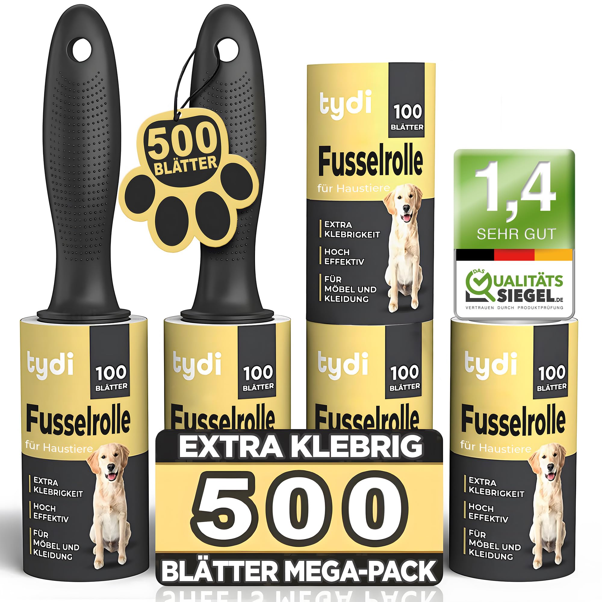 Tydi Quita Pelos Mascota - 500 Hojas de recambios de Quitapelos Mascotas y 2 Asas - 100 Hojas por Rodillo Quitapelos Mascotas - Rodillo Quitapelusas - Quita Pelos Mascota en Ropa - Quita Pelusas Ropa