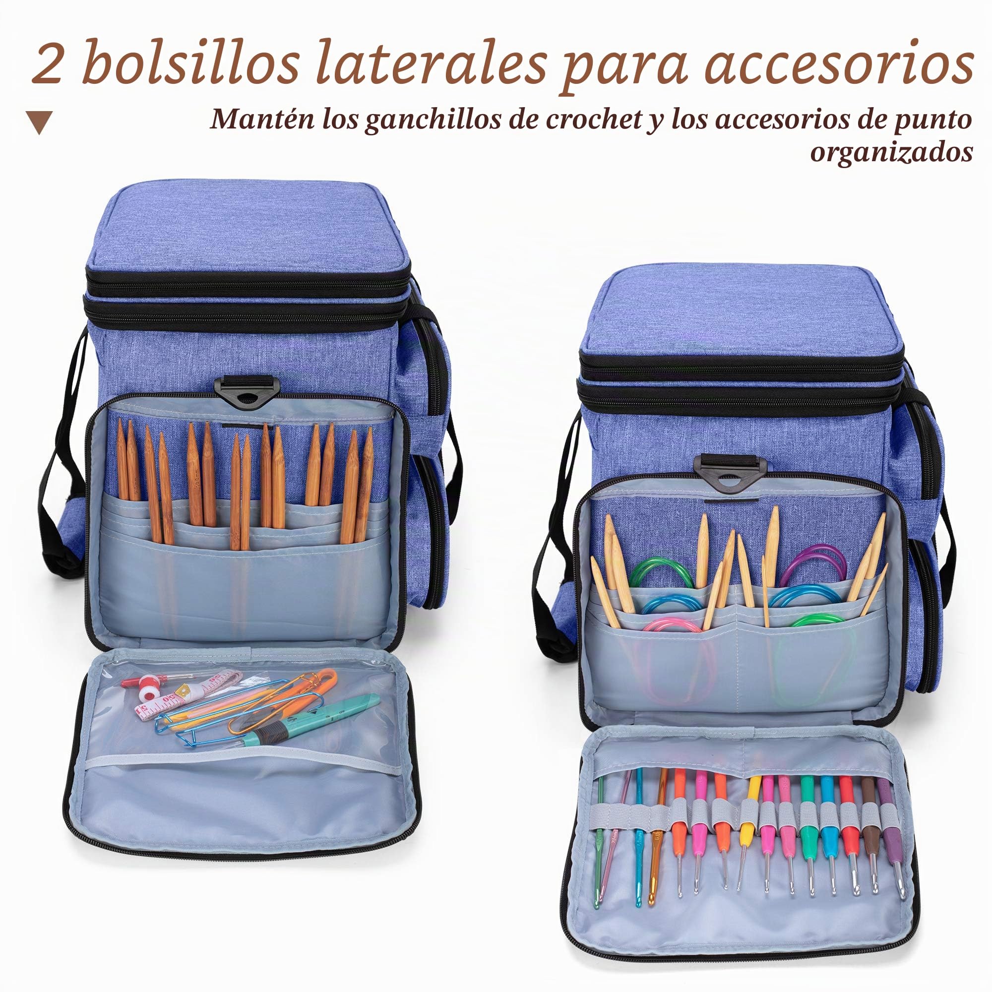 Yarwo Bolsas de Labores, Organizador para Lanas con Cubierta, Bolsa de Almacenamiento para Agujas de Tejer (Hasta 35.5cm), Ganchillos, Ovillos de Hilo y Otros Accesorios, Azul (Solo Bolsa)