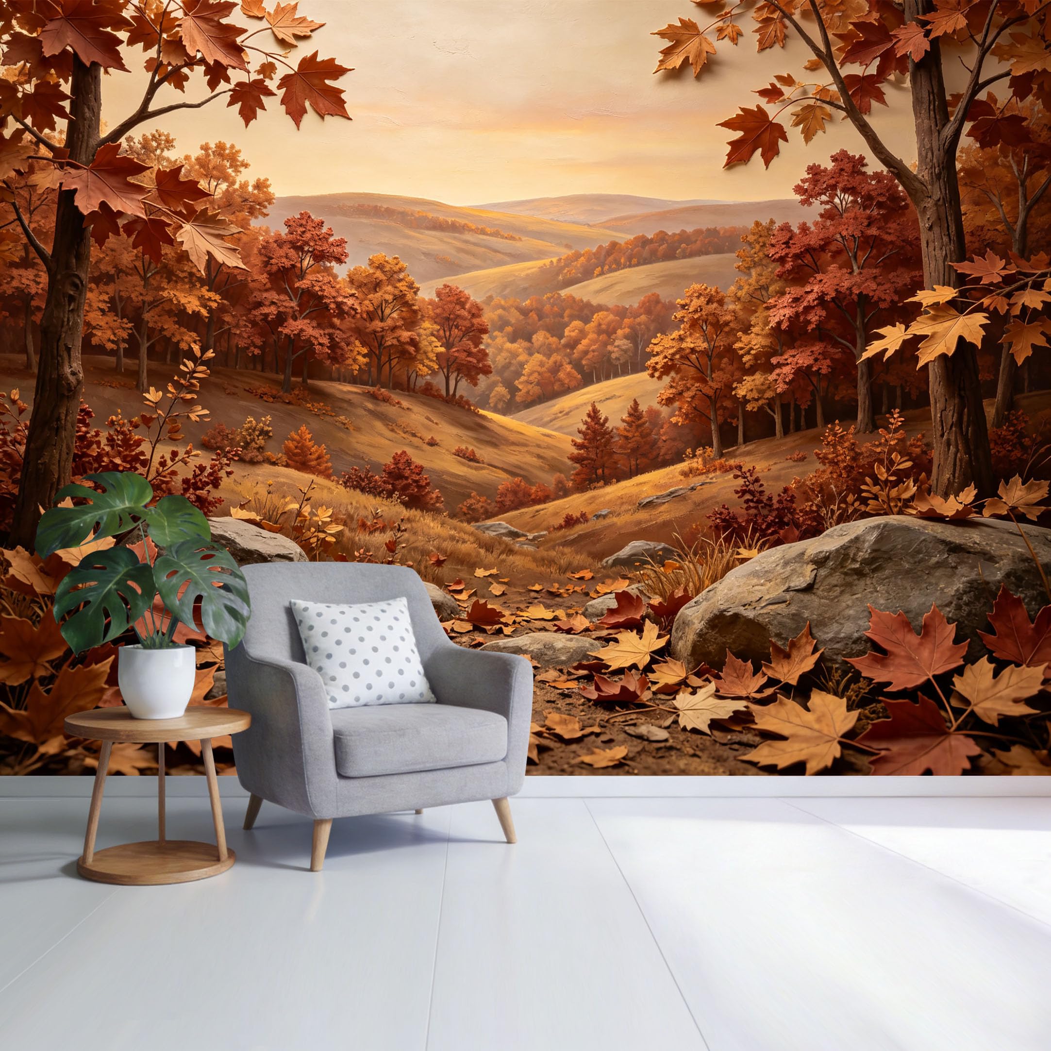 Custom Size Wall Mural Autumn Forest Landscape Golden Maple Leaves Mountain Valley View SelfAdhesive Wall Fabric Removable Wallpaper for Home Office Decor