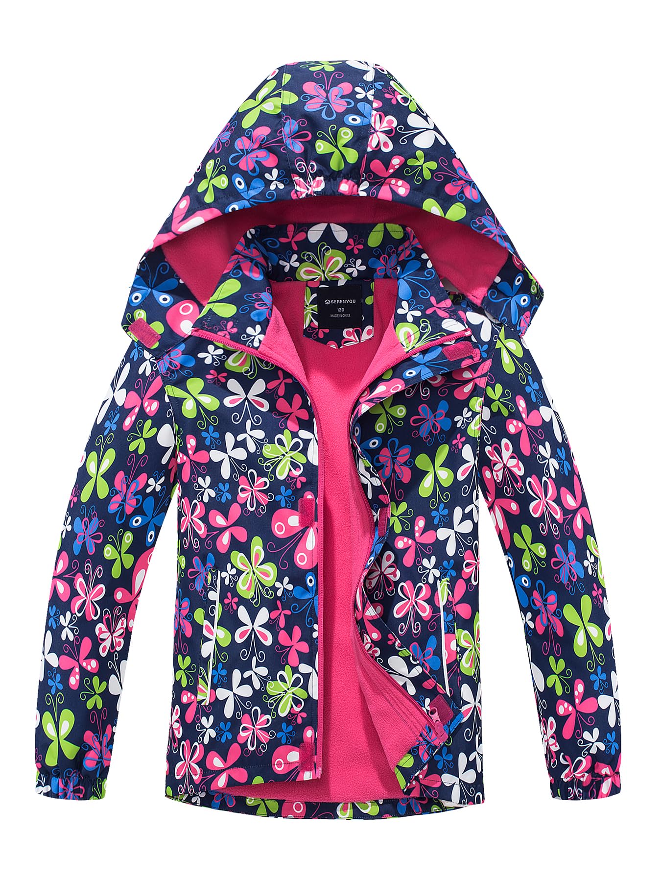 SERENYOU Mädchen Übergangsjacke Gefütterte Regenjacke Kinder Winddicht Warme Matschjacke mit Abtrennbare Kapuze 146-152 (manufacturers's size: 150) Schmetterlinge