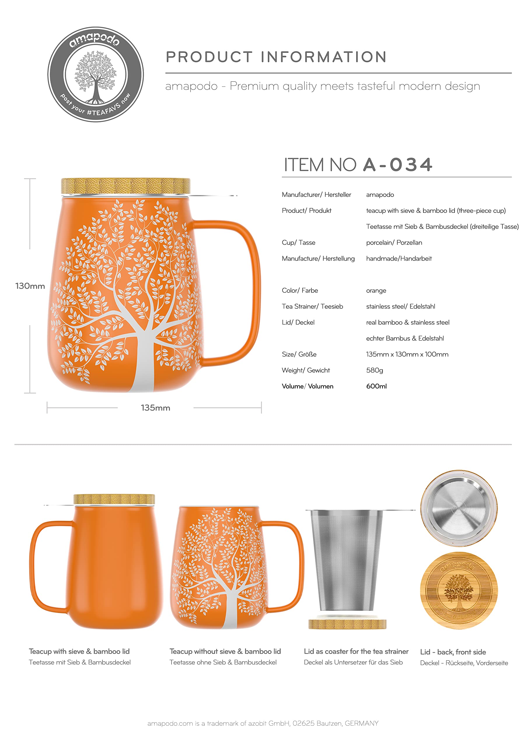 amapodo Tazza da tè con coperchio e colino - Tazza da tè in porcellana grande 600ml - Tazza Jumbo - Set di tazze XXL Arancione - senza plastica