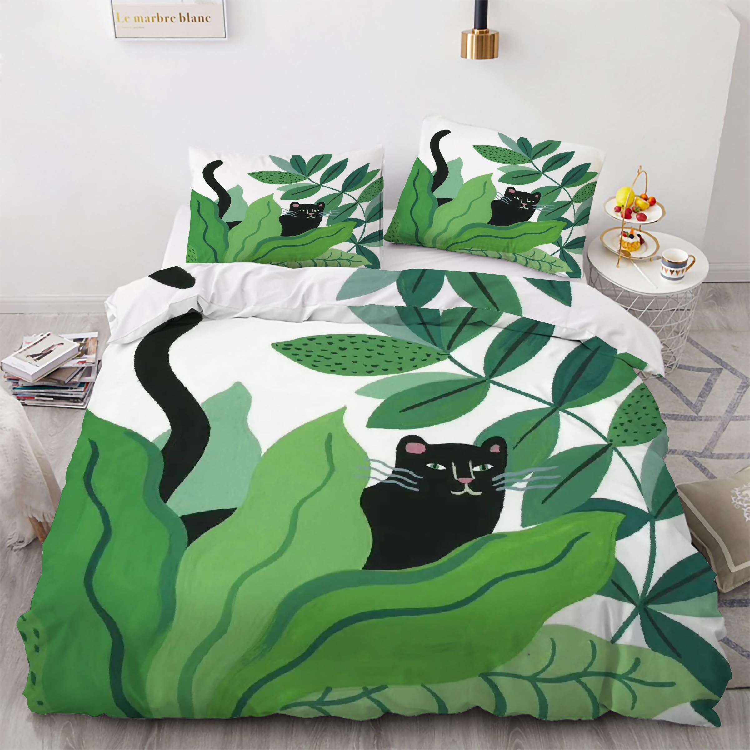 Housse de couette 200x200 chat noir et feuilles vertes avec 2 taies d'oreiller