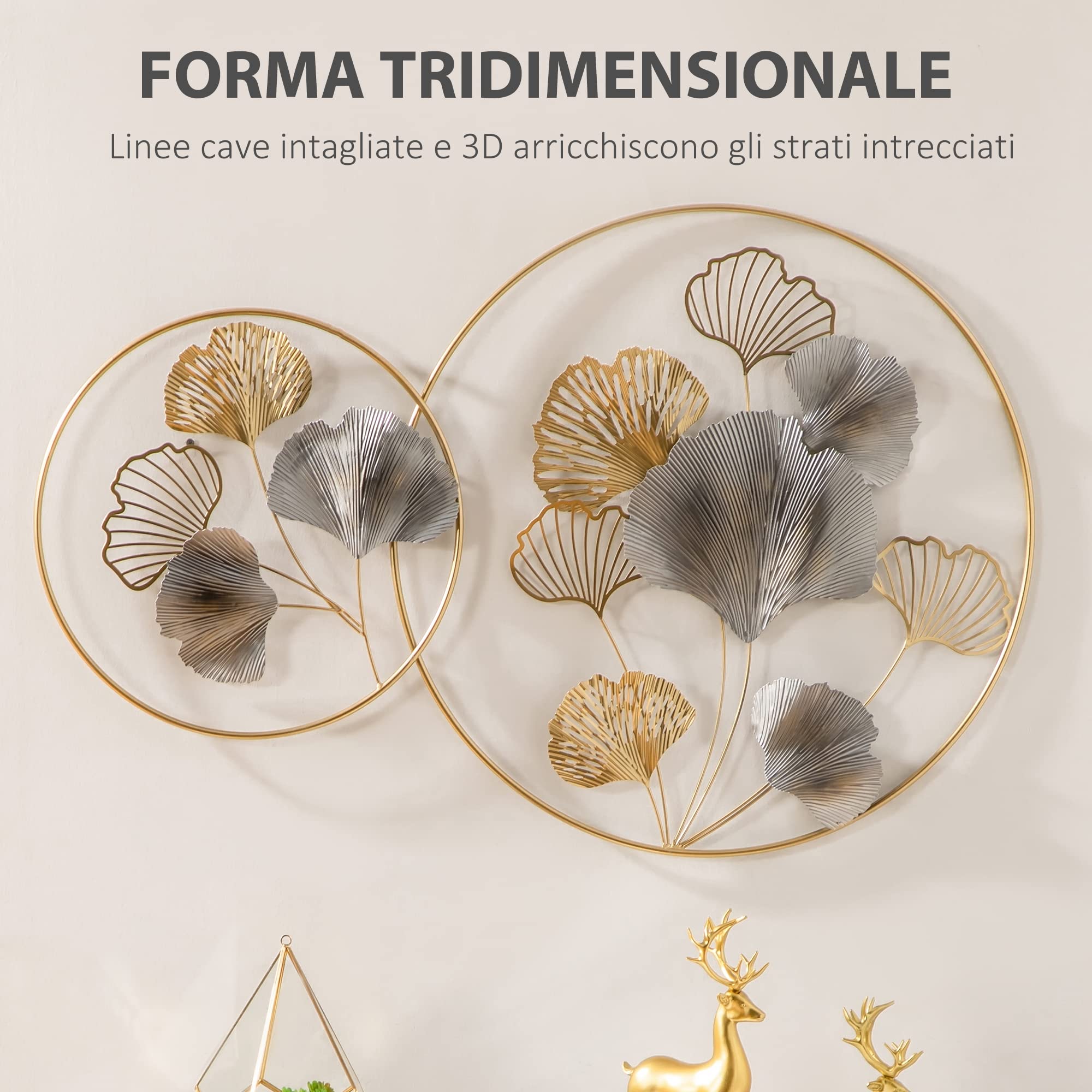 HOMCOM Decorazione Murale 3D in Metallo Dorata 102x66.2 cm Oro e Argento | Wall Art Orizzontale, Foglie di Ginkgo, Due Cornici Rotonde