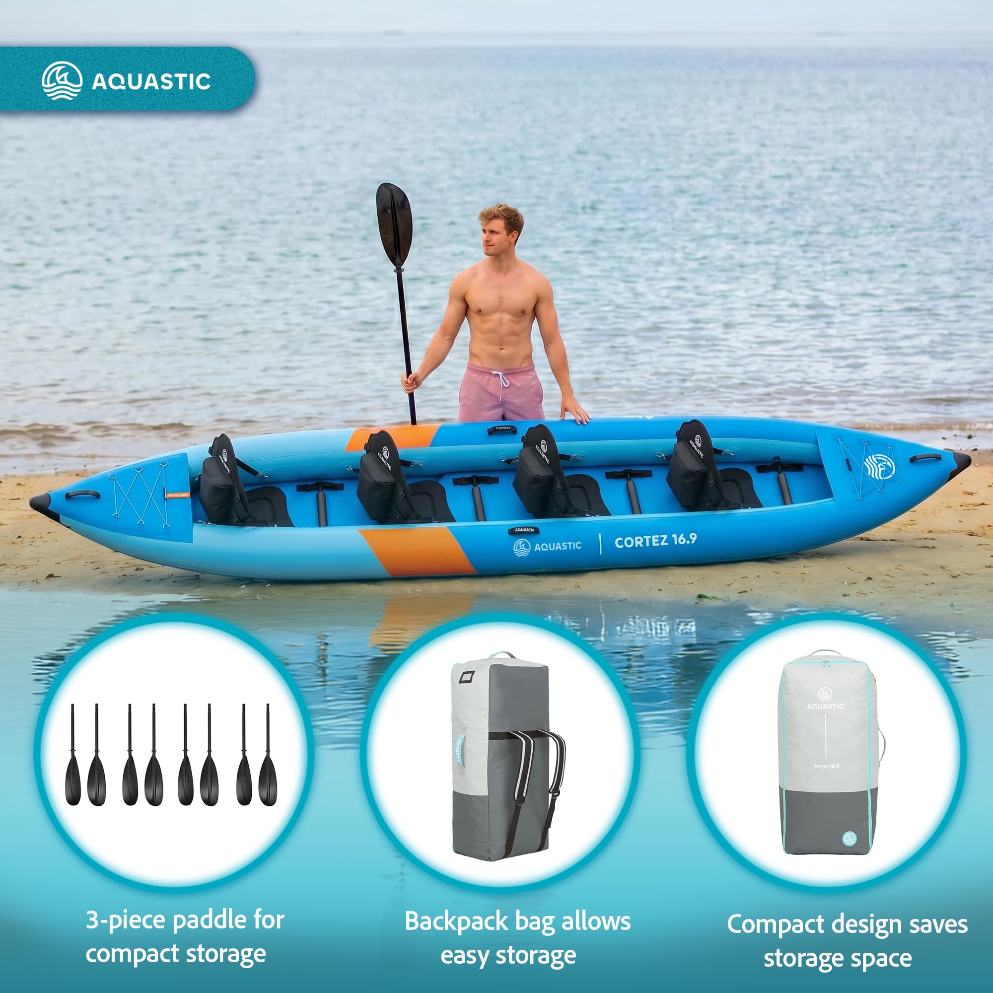 AQUASTIC Cortez 16'9 - Kayak hinchable híbrido para 4 personas de hasta 340 kg
