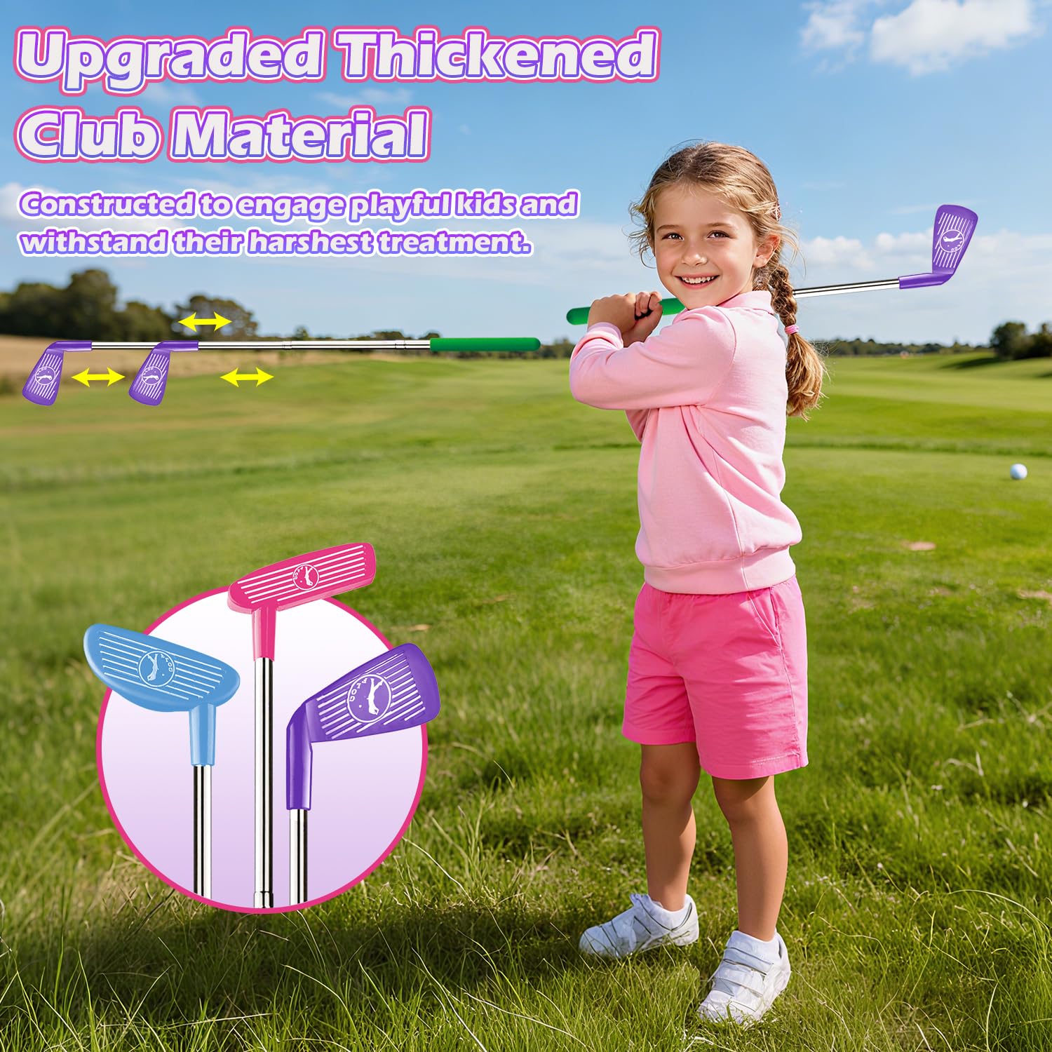 Set de Golf para Niños Devolvedor Automático de Bolas Dinosaurio, Pelotas de Golf Luminosas con LED, 3 Palos, Juegos de Golf para Niñas de 3 a 8 Años, Juguetes Deportivos Interior Exterior (Rosa)
