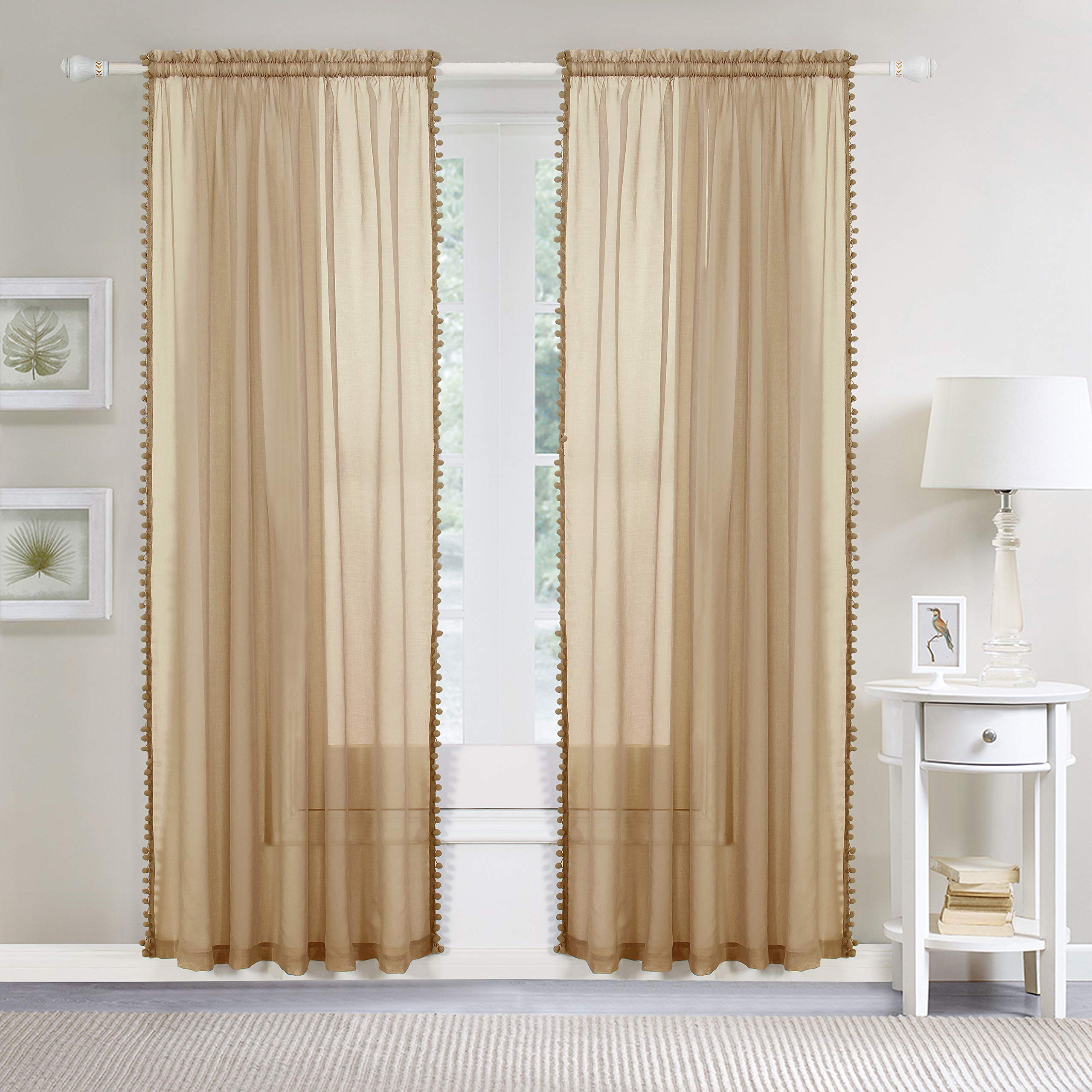 Elegant Comfort Semi-Sheer Pom Pom Tassels Curtains, 2 Panels Set, with 2inch Rod Pocket - Image 2