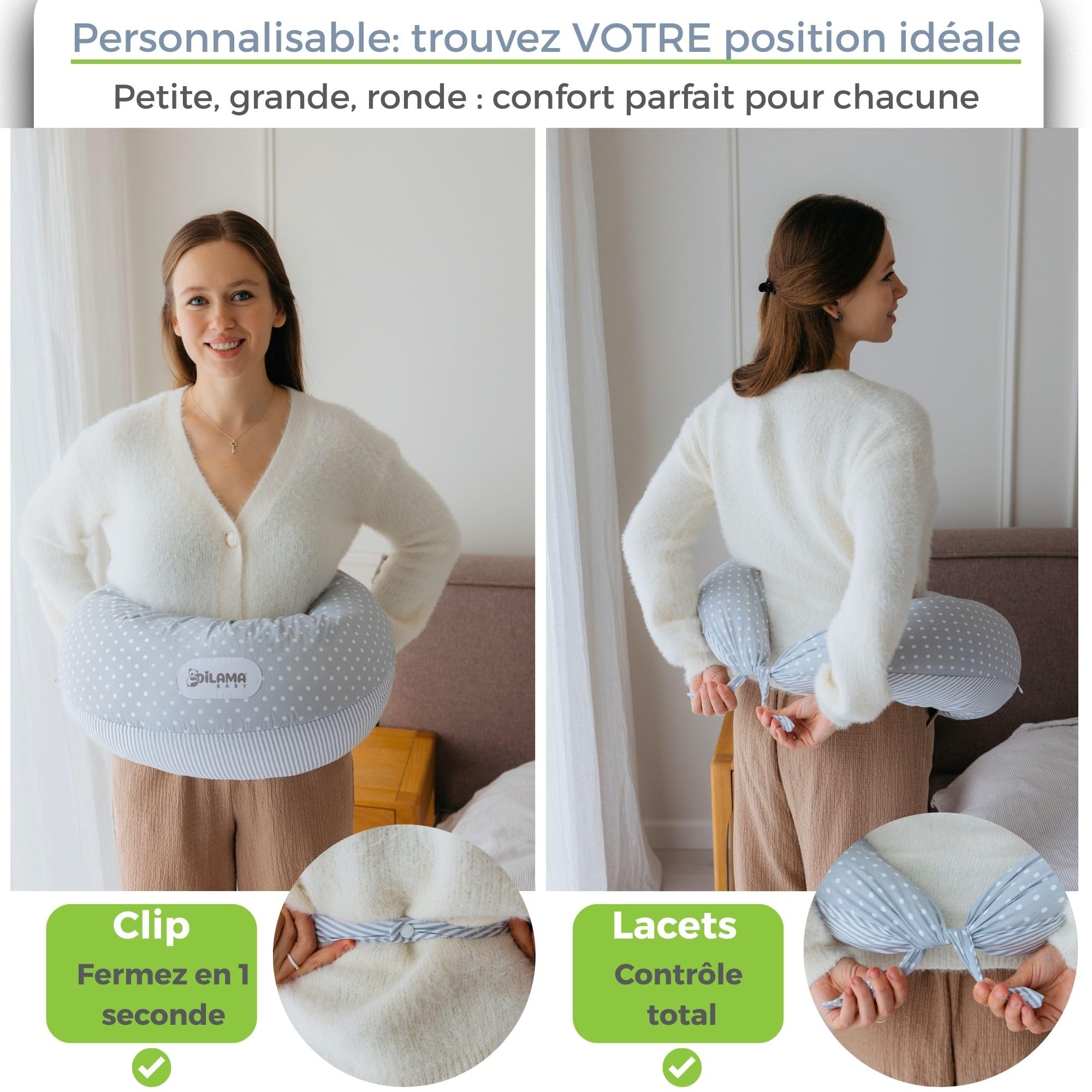 Dilamababy Coussin de Grossesse et d’Allaitement en Flocons de Mousse Mémoire et Boules de Fibre – Oreiller de Maternité Ergonomique – Housse Coton Amovible – Fabriqué en Italie