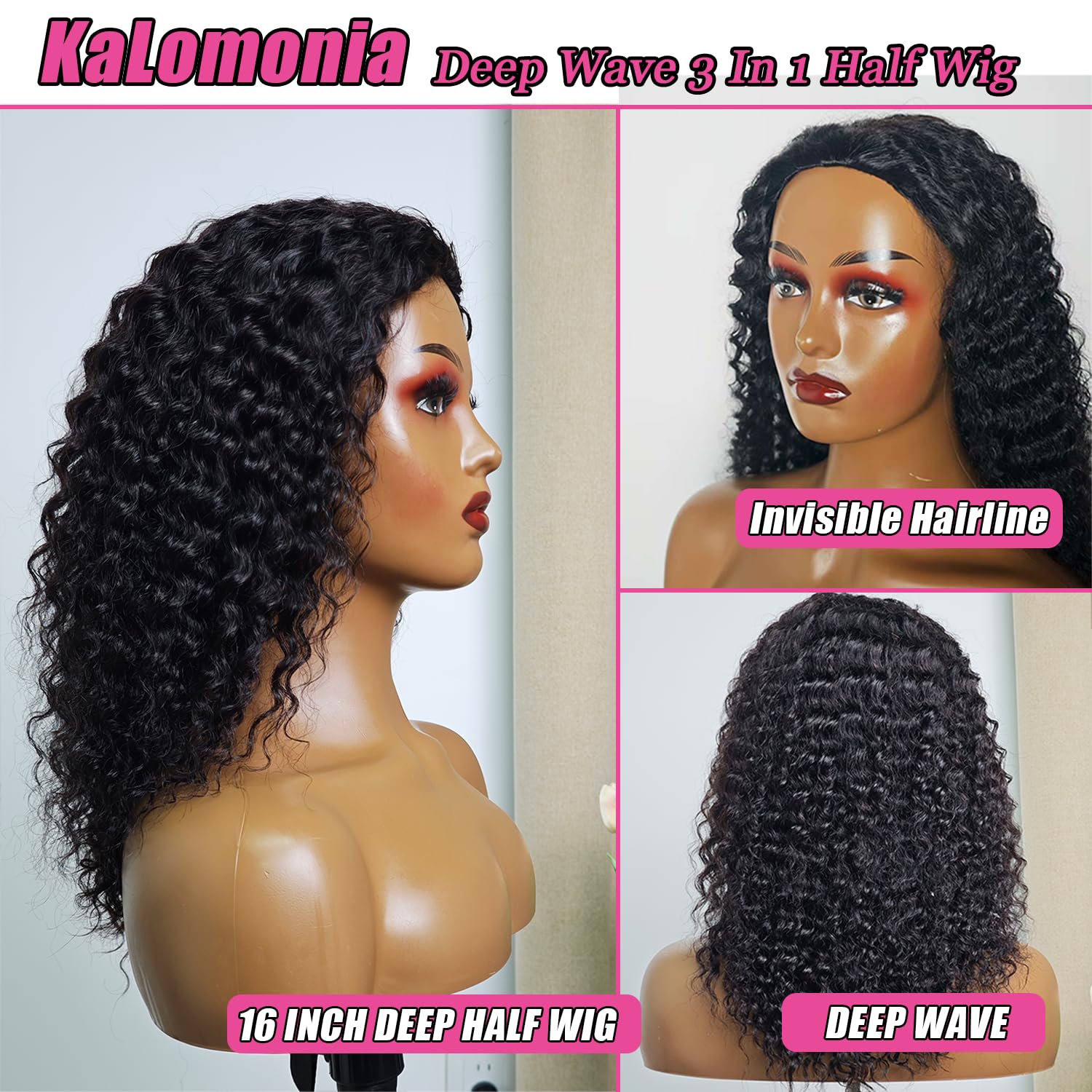 16 Inch Human Hair Half Wig Glueless 3-in-1 Drawstring Seamless Flip Over Amazon.com : Half Wig Human Hair Deep Wave 16 Inch 200  main image 2