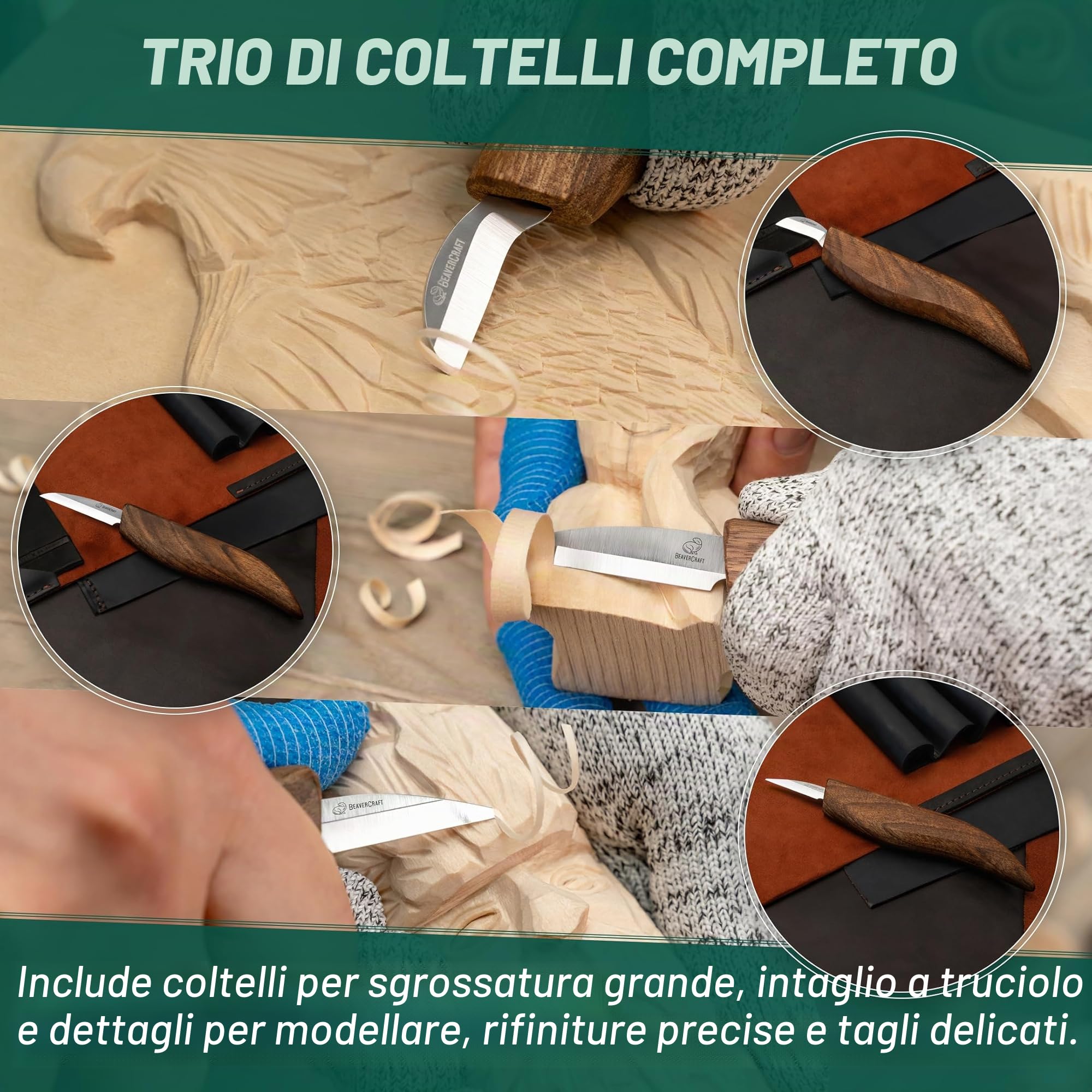 BeaverCraft Kit per intaglio del legno Set di coltelli da intaglio di lusso e strop in pelle S15X Set di coltelli per intaglio del legno Strumenti e coltello Strop con composto lucidante