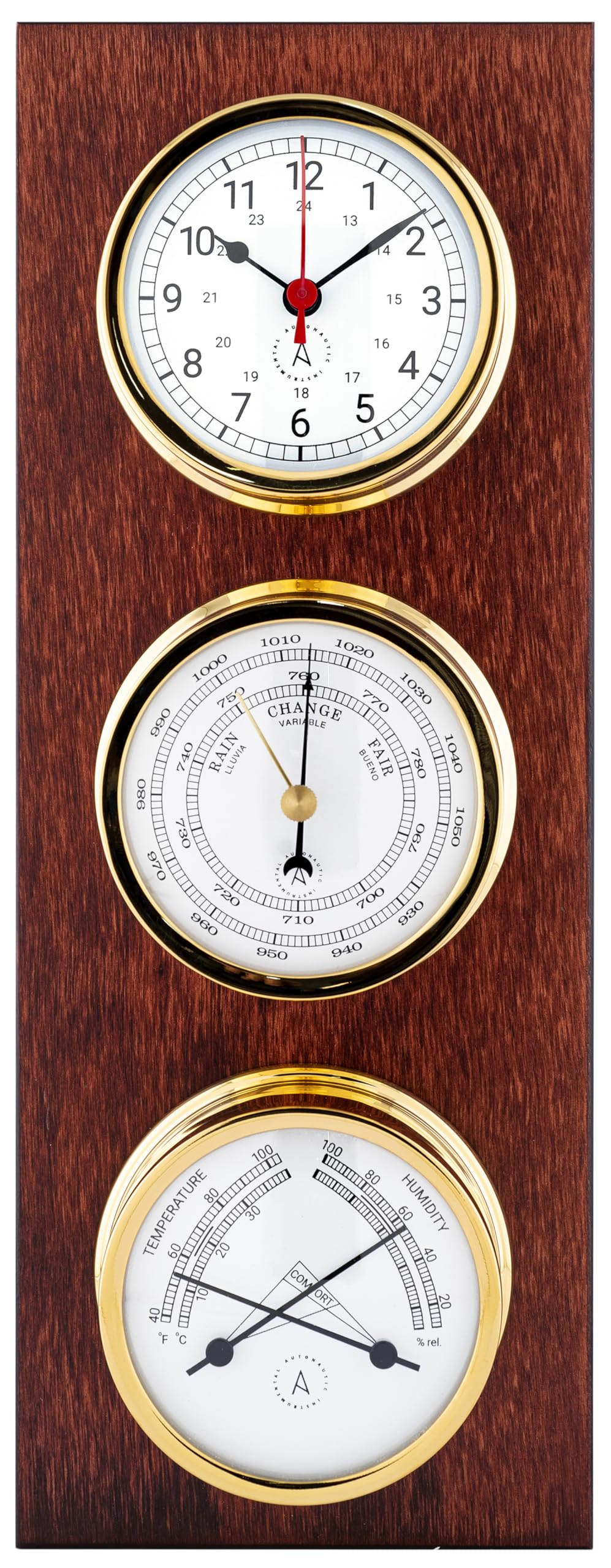 Autonautic - Stazione meteorologica nautica in ottone con bagno d'oro - Orologio, barometro e termoigrometro, per imbarcazioni o Decoración - 95mm (ø) - Made in Spain.