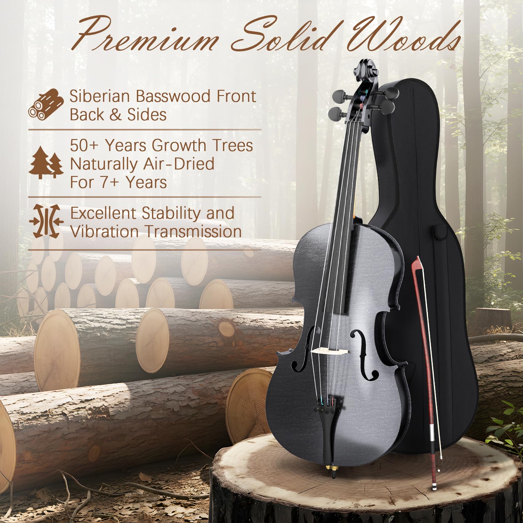 Cello 4/4 Kit, Full Size Cello für Erwachsene, Studenten, Anfänger, komplettes akustisches Cello-Instrumenten-Set mit tragbarer Tasche, Bogen, Kolophonium, Schwarz
