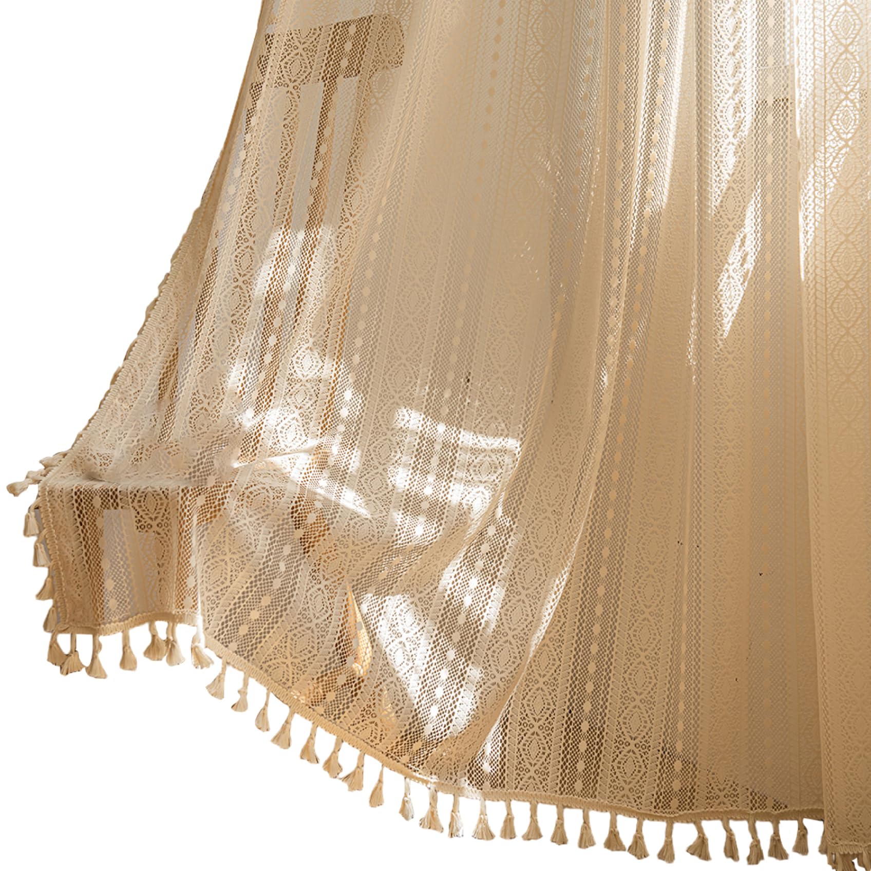 CAKEEYUM 2 Panels Boho Curtains 58x84 inch Rod Pocket Semi Sheer Crochet Boho Lace Curtains with Tassel for Bedroom Living Room, Crochet, Lace, Sheer, B