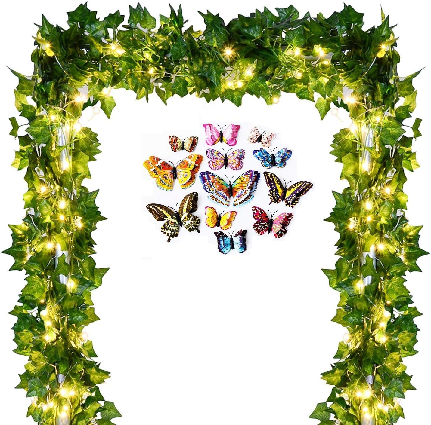 Artificial IVY Garland Fake Leaves - 84 ft 12 Strands Greenery Garland Fake Vines Plants Foliage with LED IVY Lights String and Colorful Butterfly for Wedding Backdrop Outdoor Home Kitchen Garden