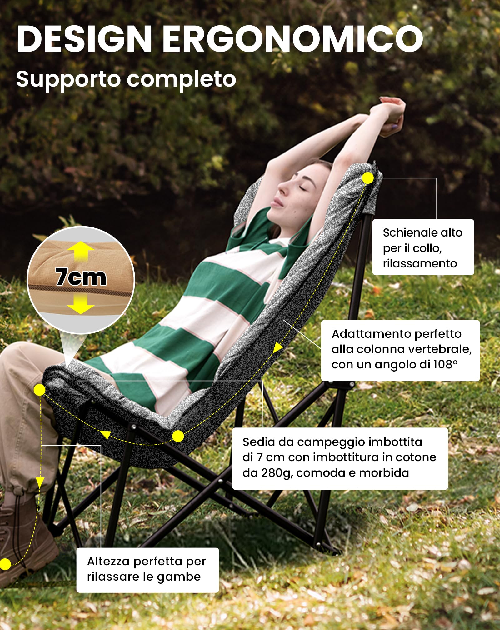 KingCamp Sedia Pieghevole Ergonomica - Ultra Comoda, Sedile Imbottito Staccabile, Sedia da Campeggio Pieghevole Portatile di Lusso Comodo, Sedia da Giardino, Sedia da Pesca Adulti, Carico 136 kg