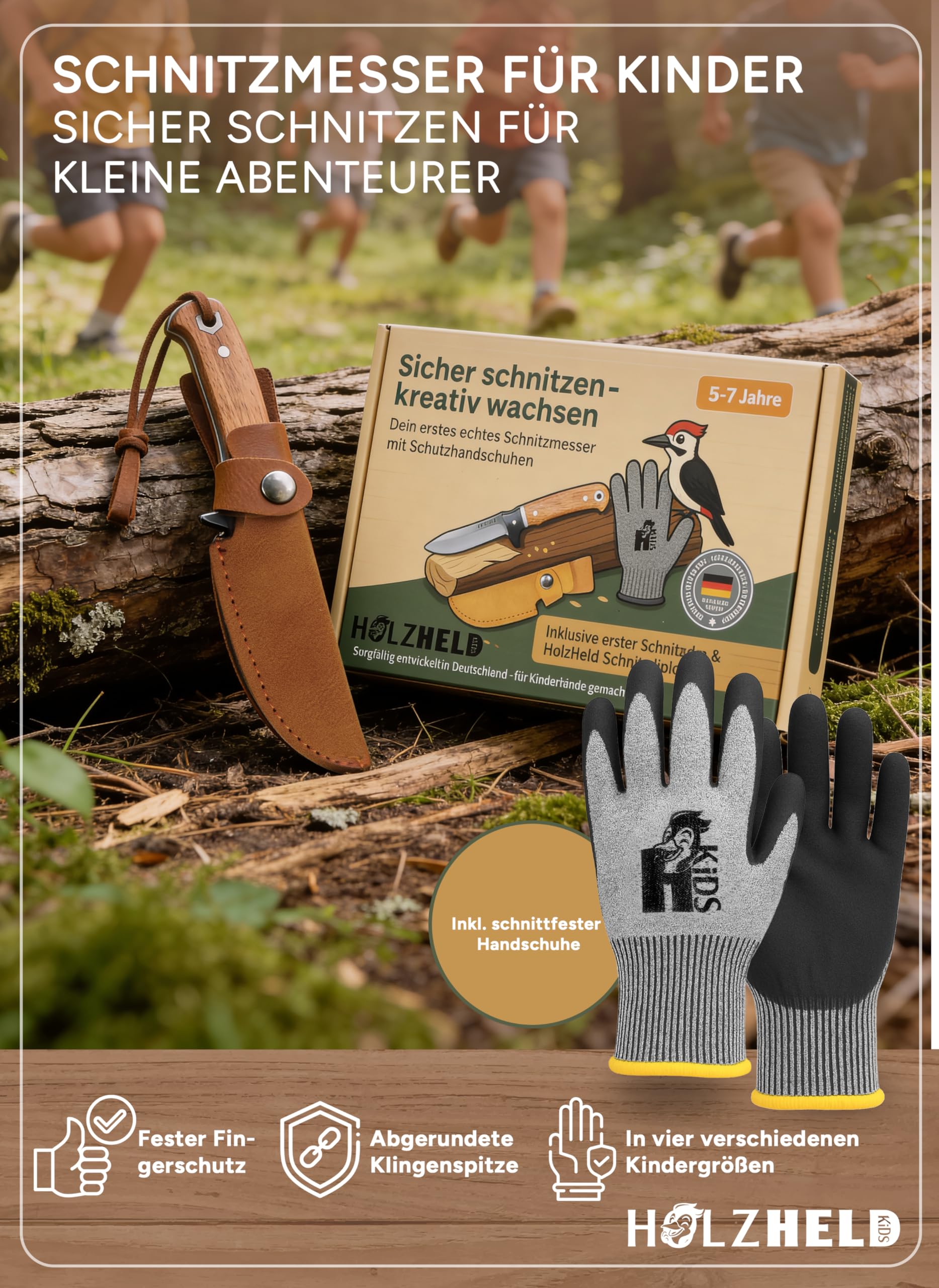 HOLZHELD - Schnitzmesser Kinder mit Gürteltasche inkl. schnittfeste Handschuhe - sicheres Taschenmesser - Schnitzset - Schnitzen Kinder - Kindermesser ab 5, 6, 7, 8, 9, 10 Jahre - Größe 6