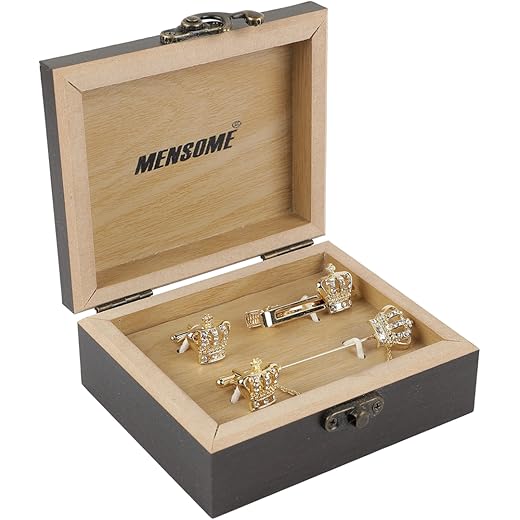 MENSOME Golden Crown Cufflinks, Lapel Pin Brooch And Tie Pin Gift Set For Men