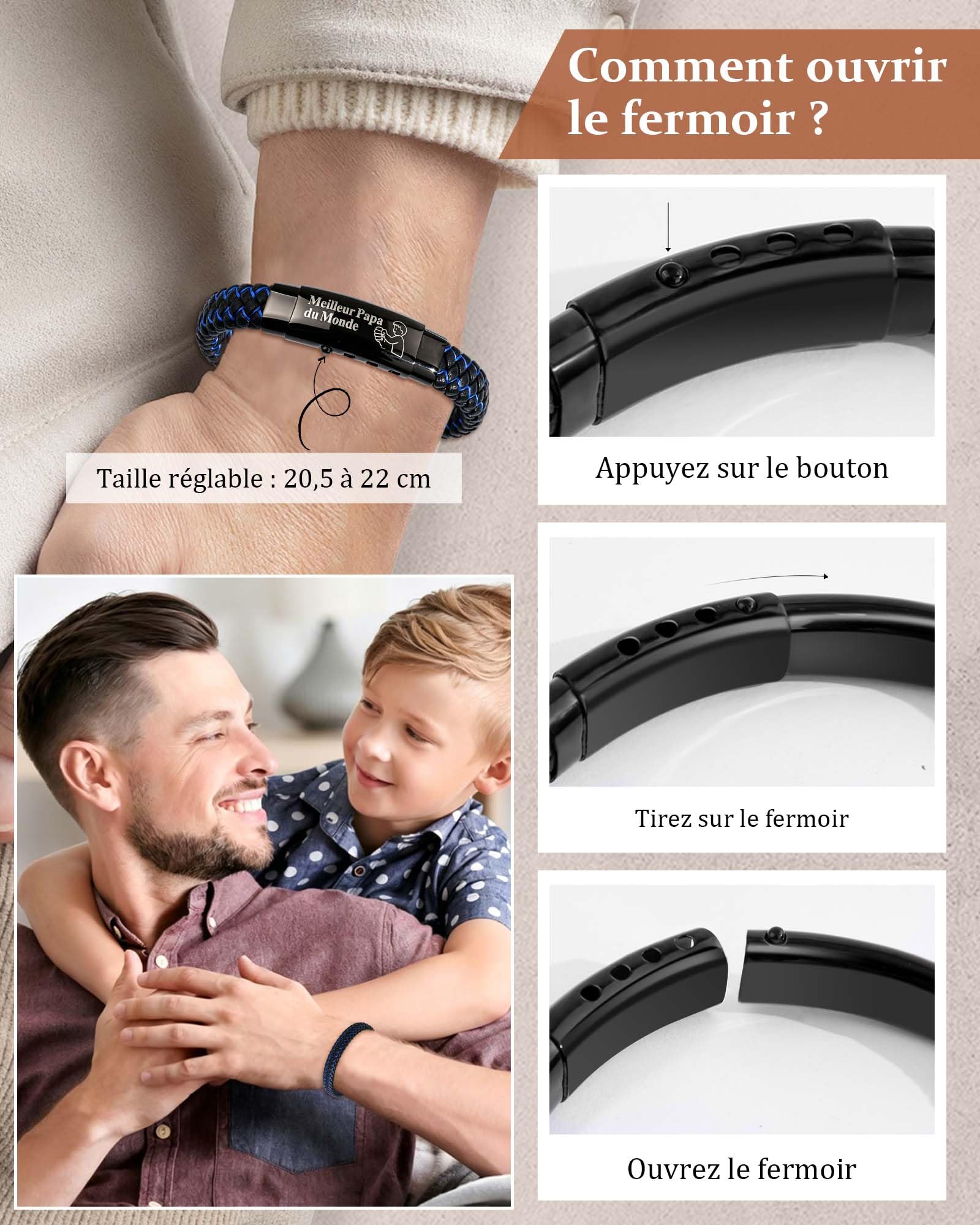 CheersLife Cadeau Fete des Peres - Cadeau Anniversaire Papa Fist Bump Père-fils Père-fille Bracelet Gravé Meilleur Papa du Monde Homme Original Cadeaux 30 40 50 60 70 Ans Réglable Bracelet Noir Bleu