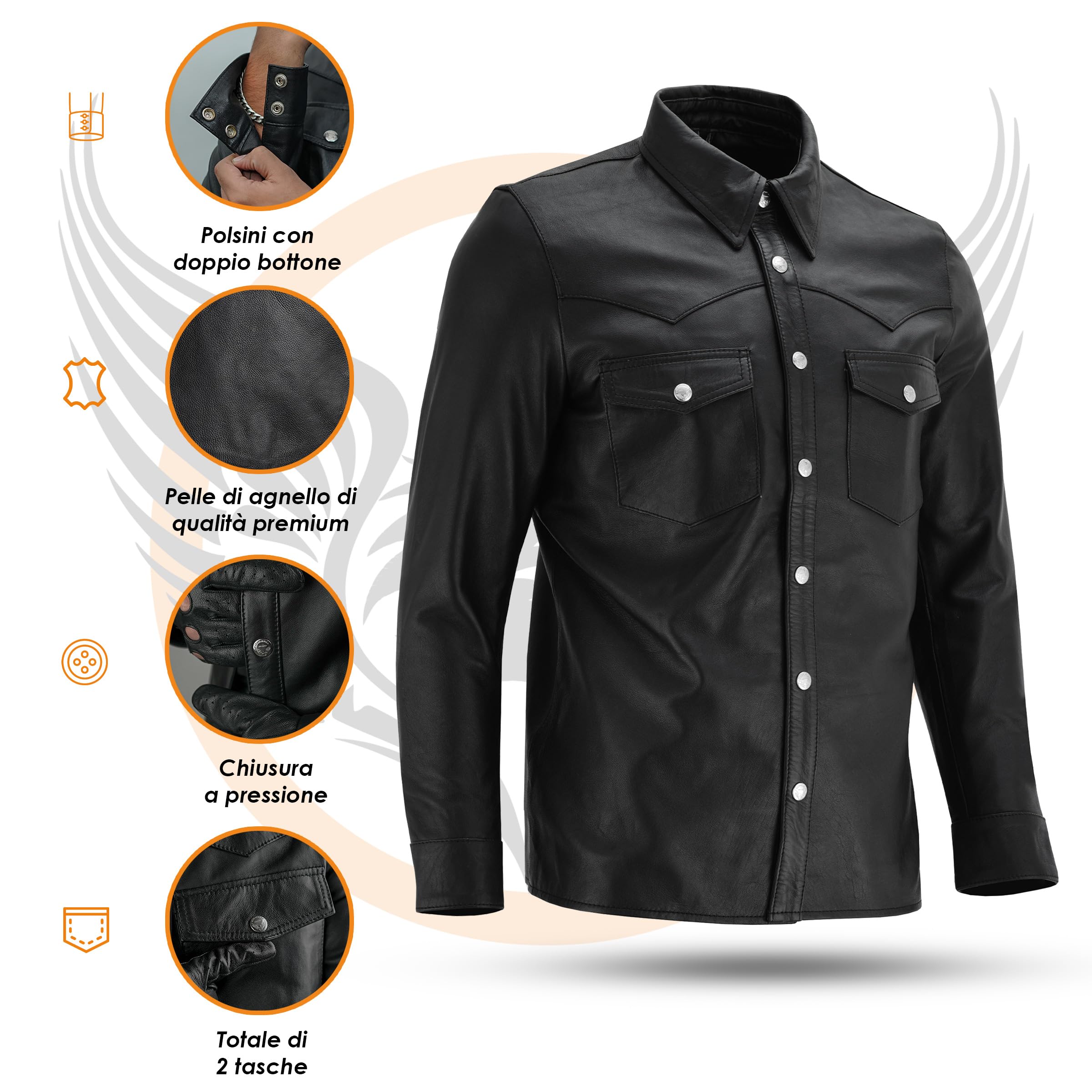 Leatherick Camicia da Uomo in Pelle - Camicia Classica Casual in Montone con Colletto Nero e Bottoni in Ottone Argento