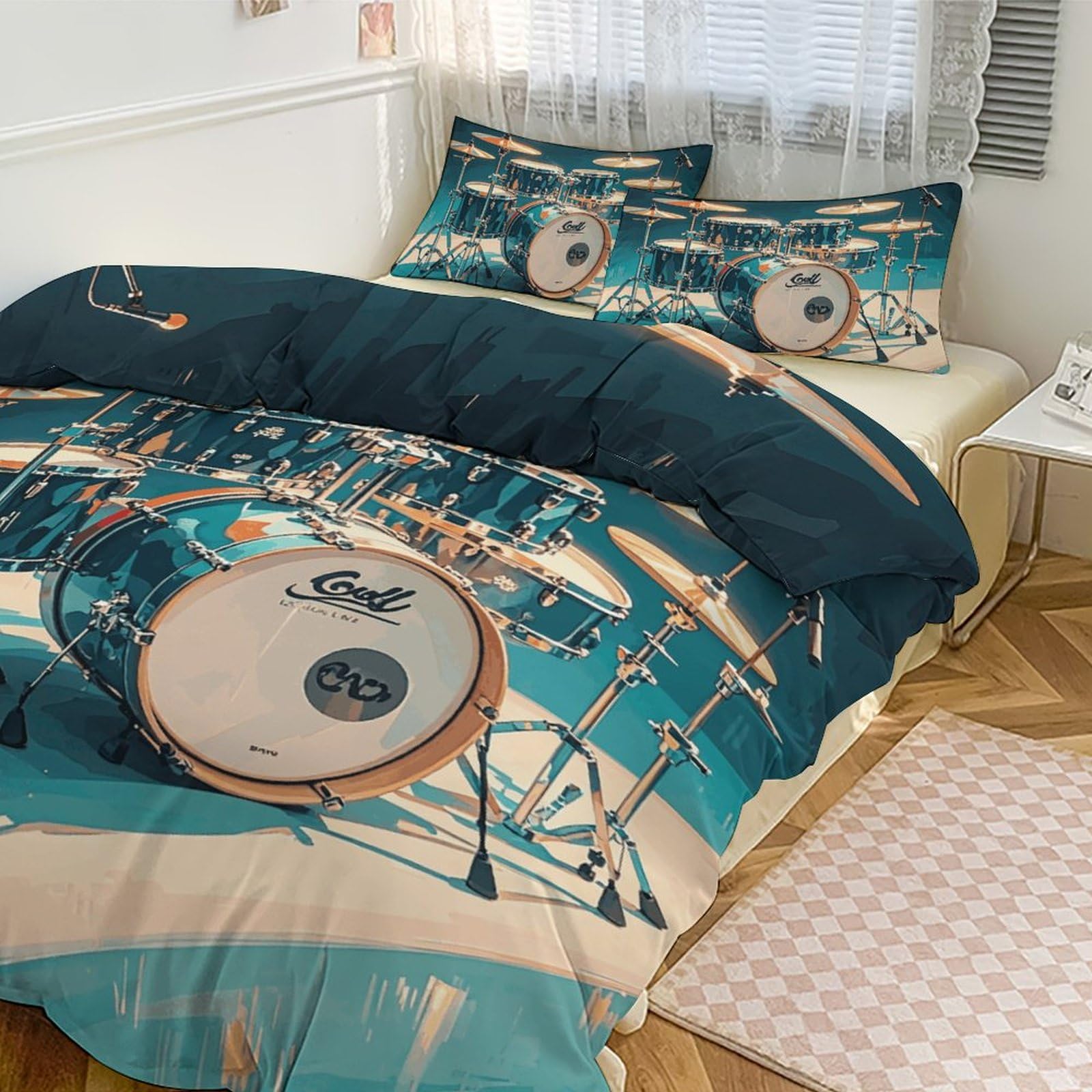 Parure de lit 3 pièces avec couette à motif tambours pour lit 218x177 cm