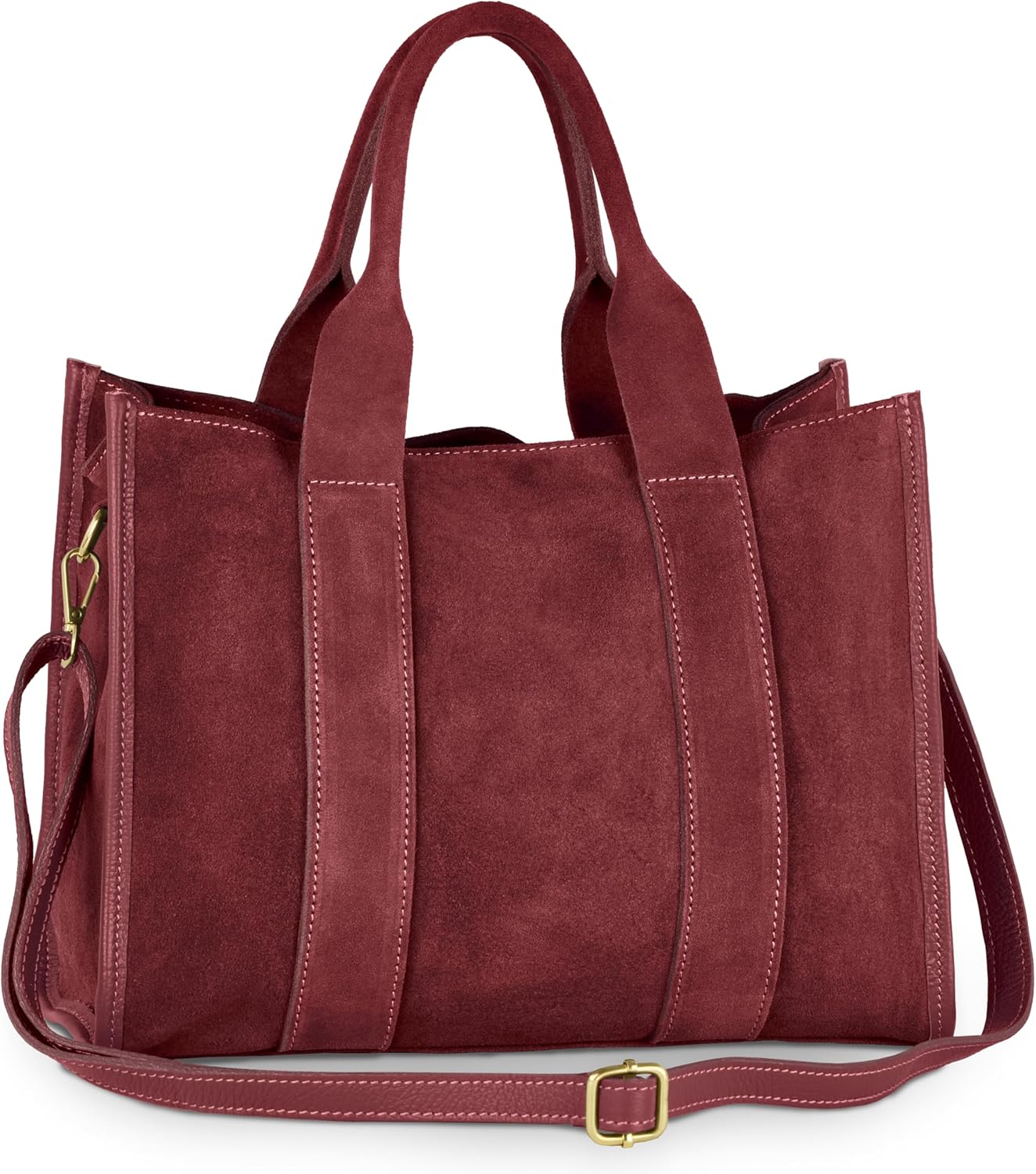 Italian Genuine Suede Tote Bag for Women with Adjustable Strap & Leather Trim | Structured Medium Shoulder Purse